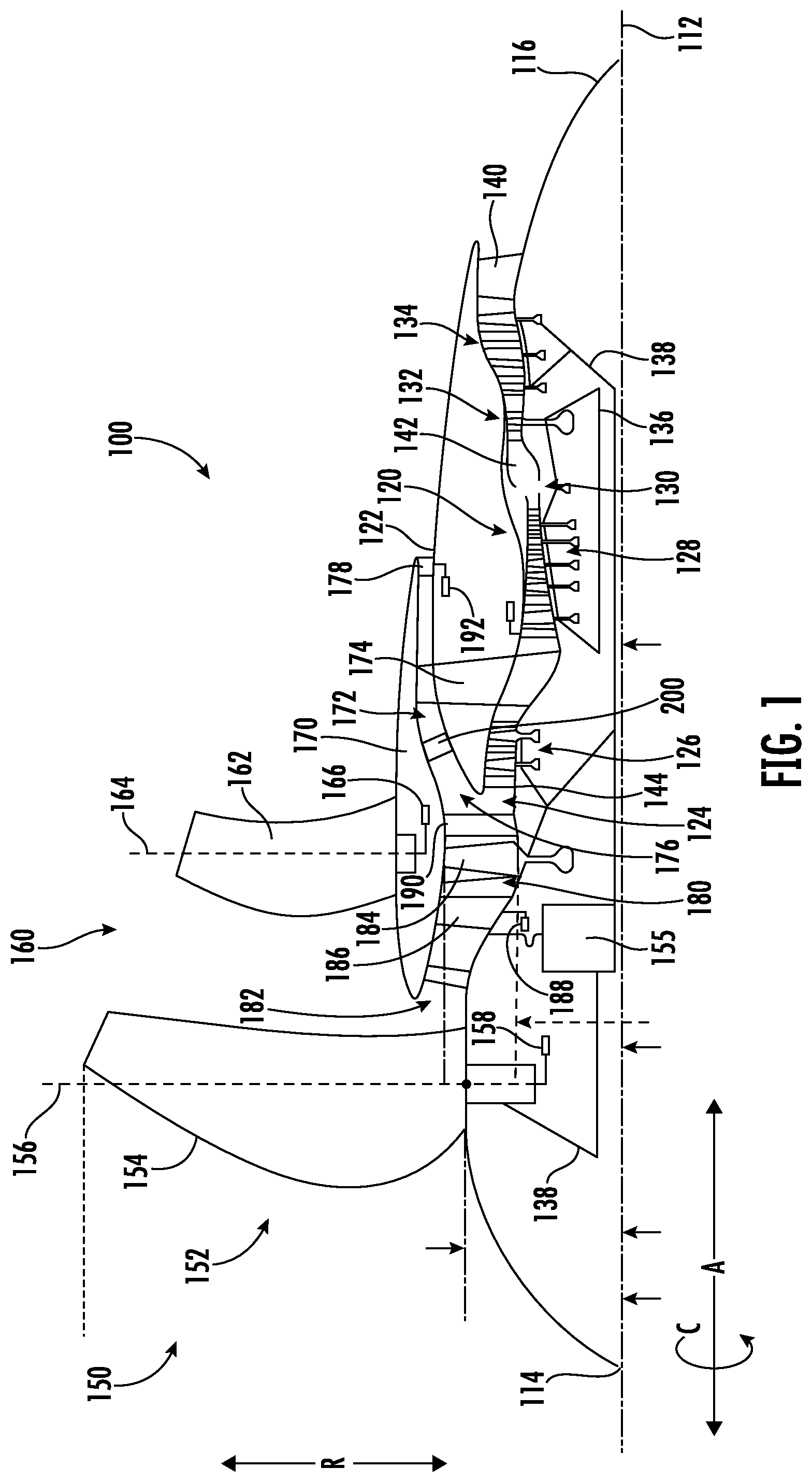 Patent US12448139 — Open rotor pylon fairing — Figure 1