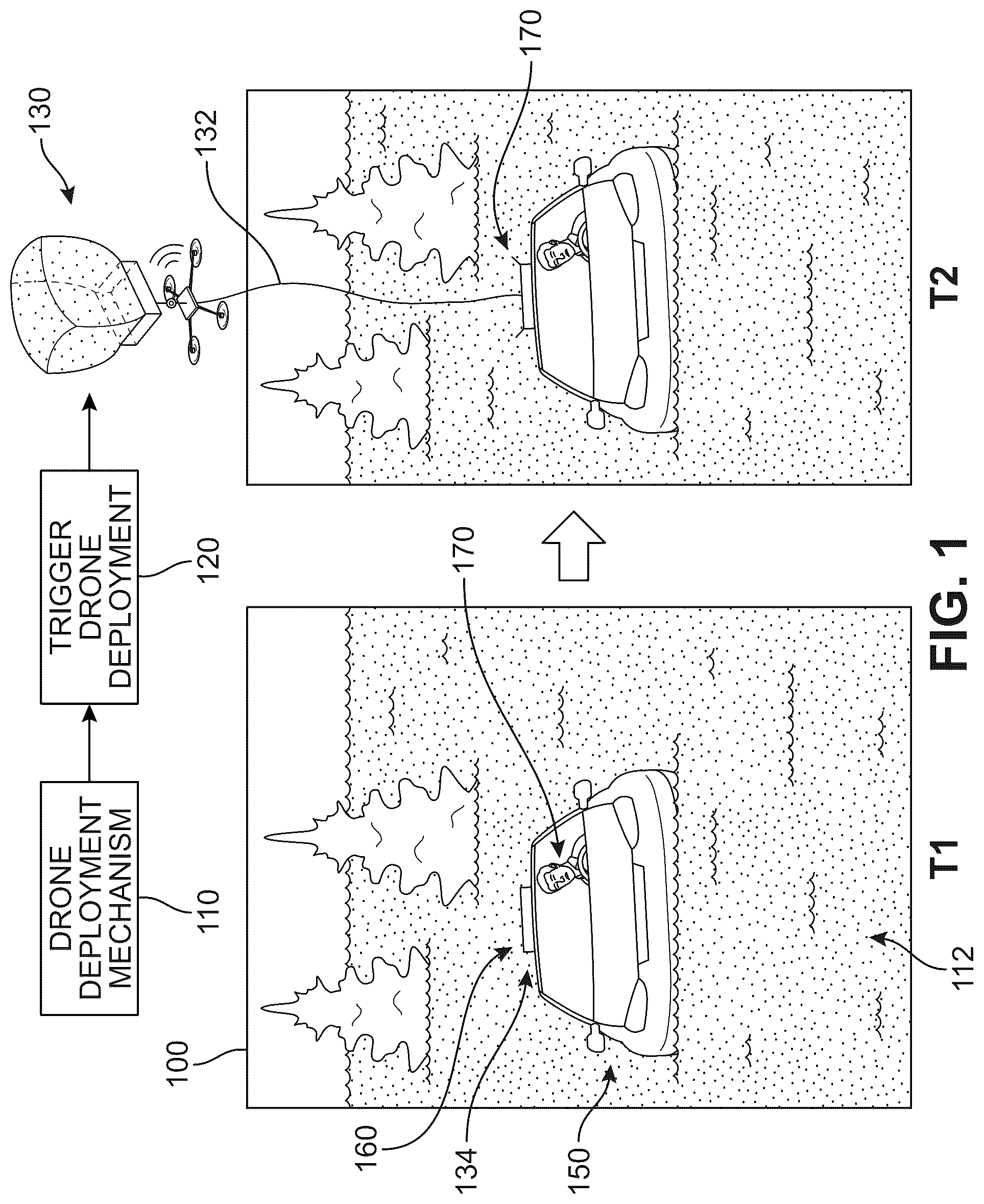 Patent US12448157 — Drone-based emergency beacon system for vehicles — Figure 1