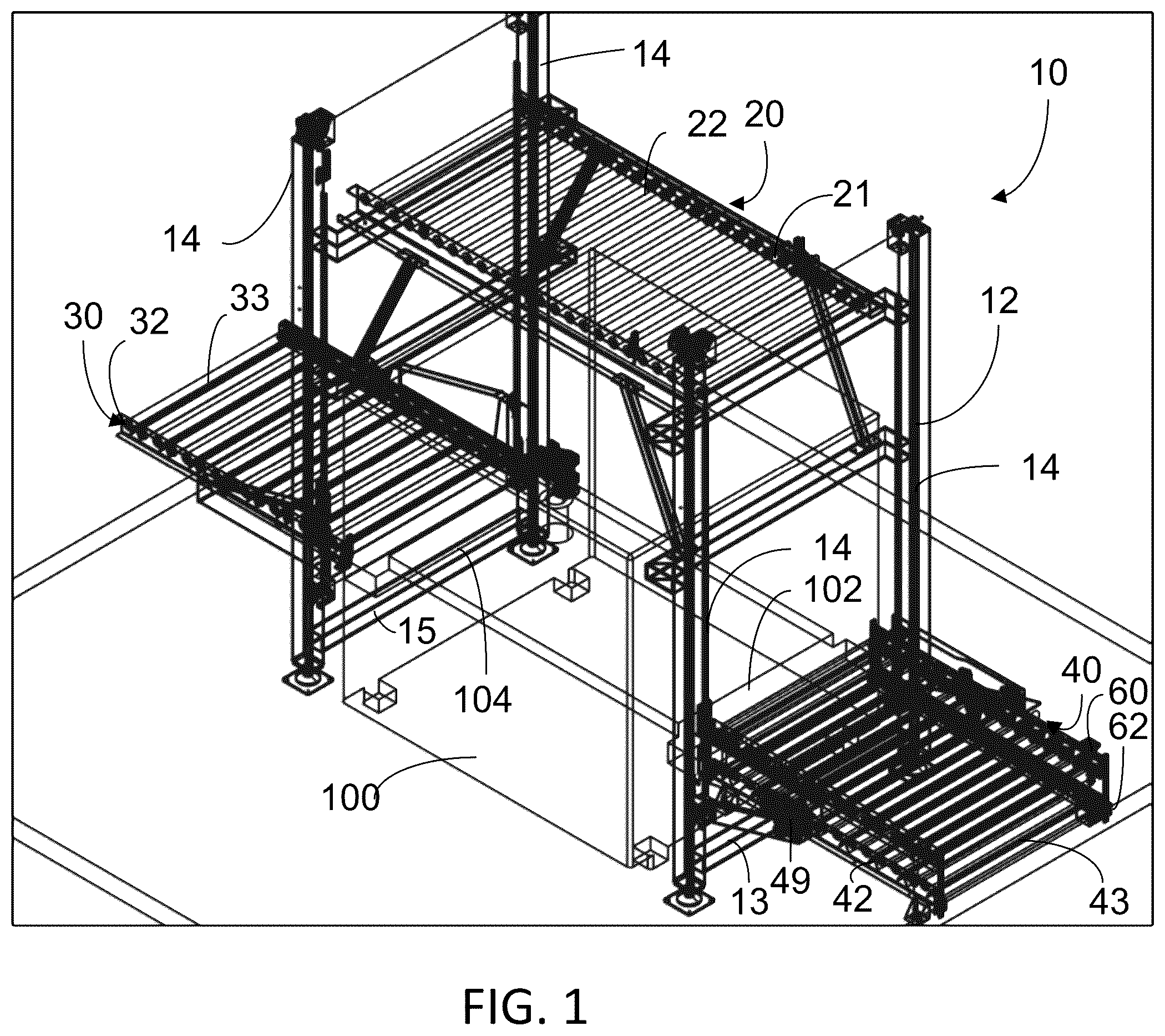 Patent US12448222 — Apparatus for manufacturing with overhead conveyor and pinch conveyor — Figure 1