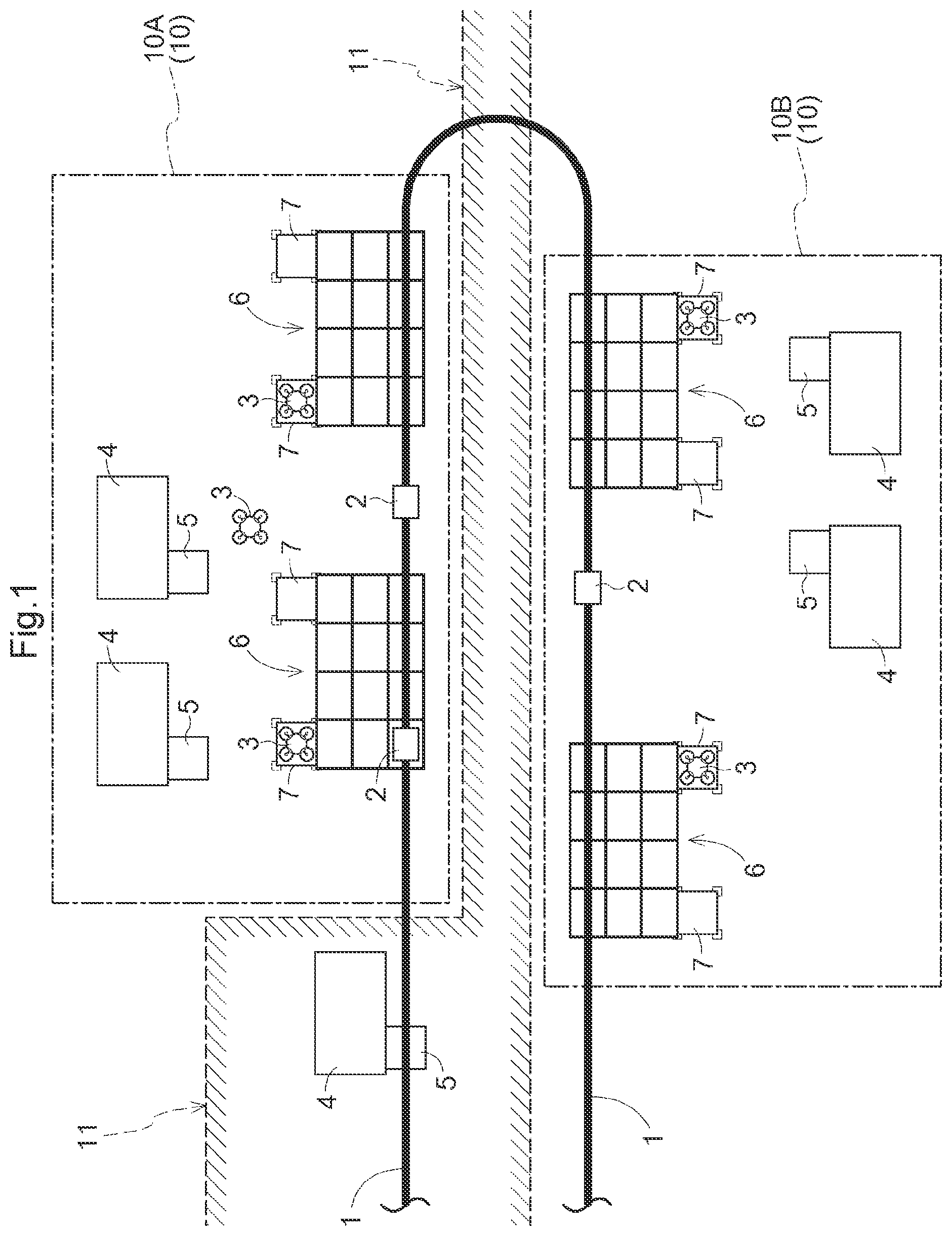 Patent US12448223 Figure 1 – Article transport facility