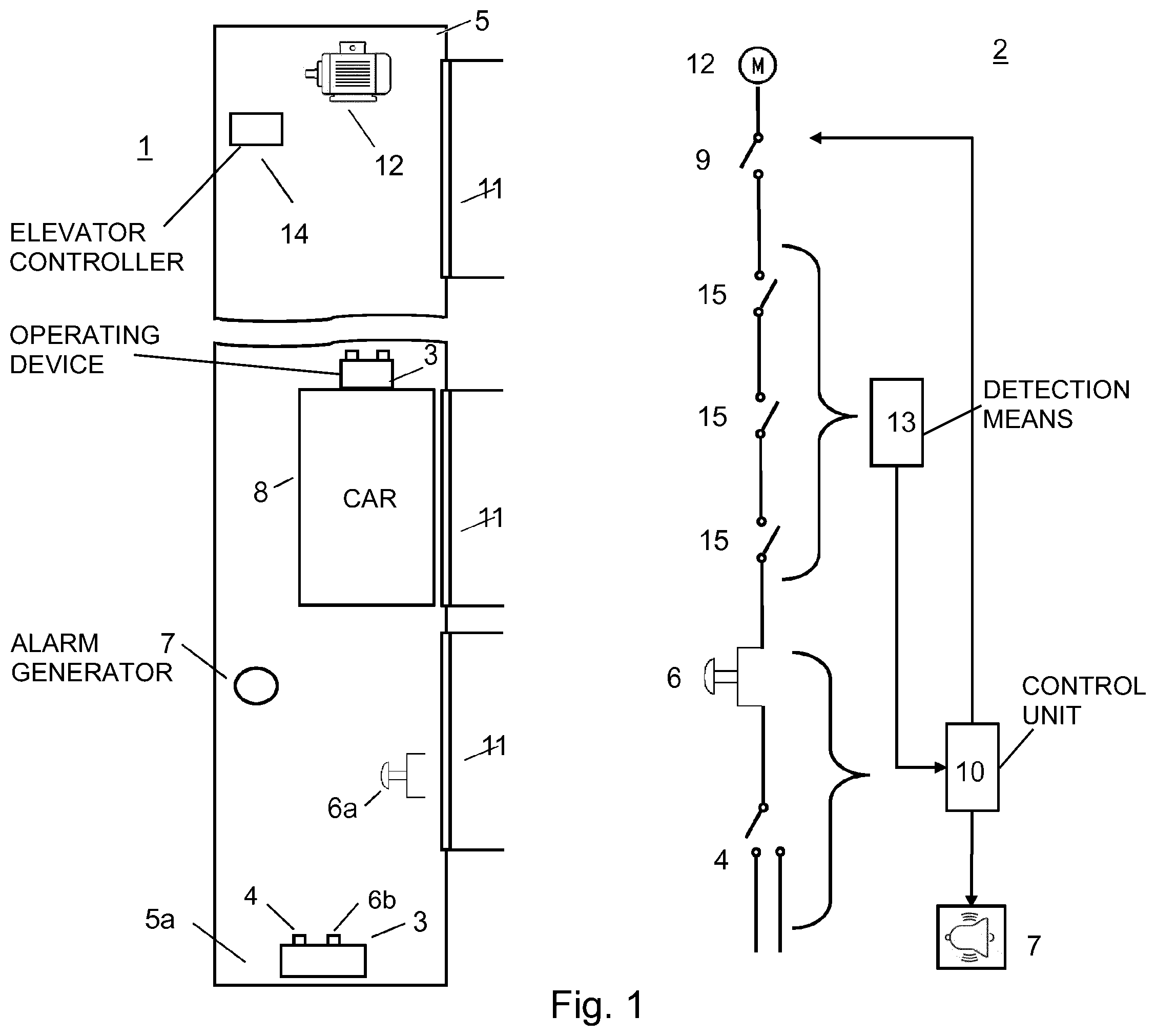 Patent US12448247 — Inspection control system for an elevator system and method for switching an elevator system between a normal mode and an inspection mode — Figure 1