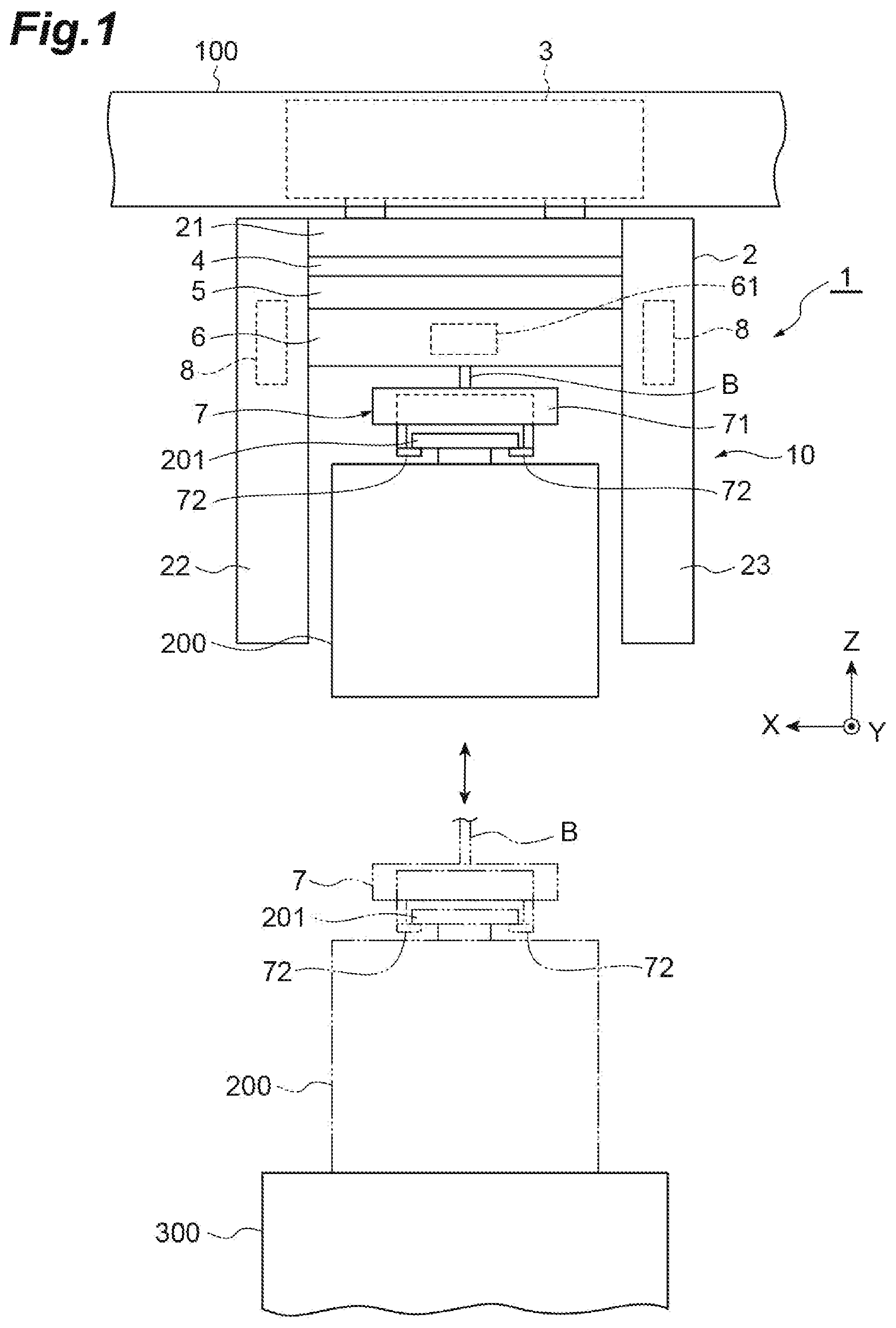 Patent US12448254 Figure 1 – Overhead transport vehicle, and method of controlling raising/lowering of gripping unit