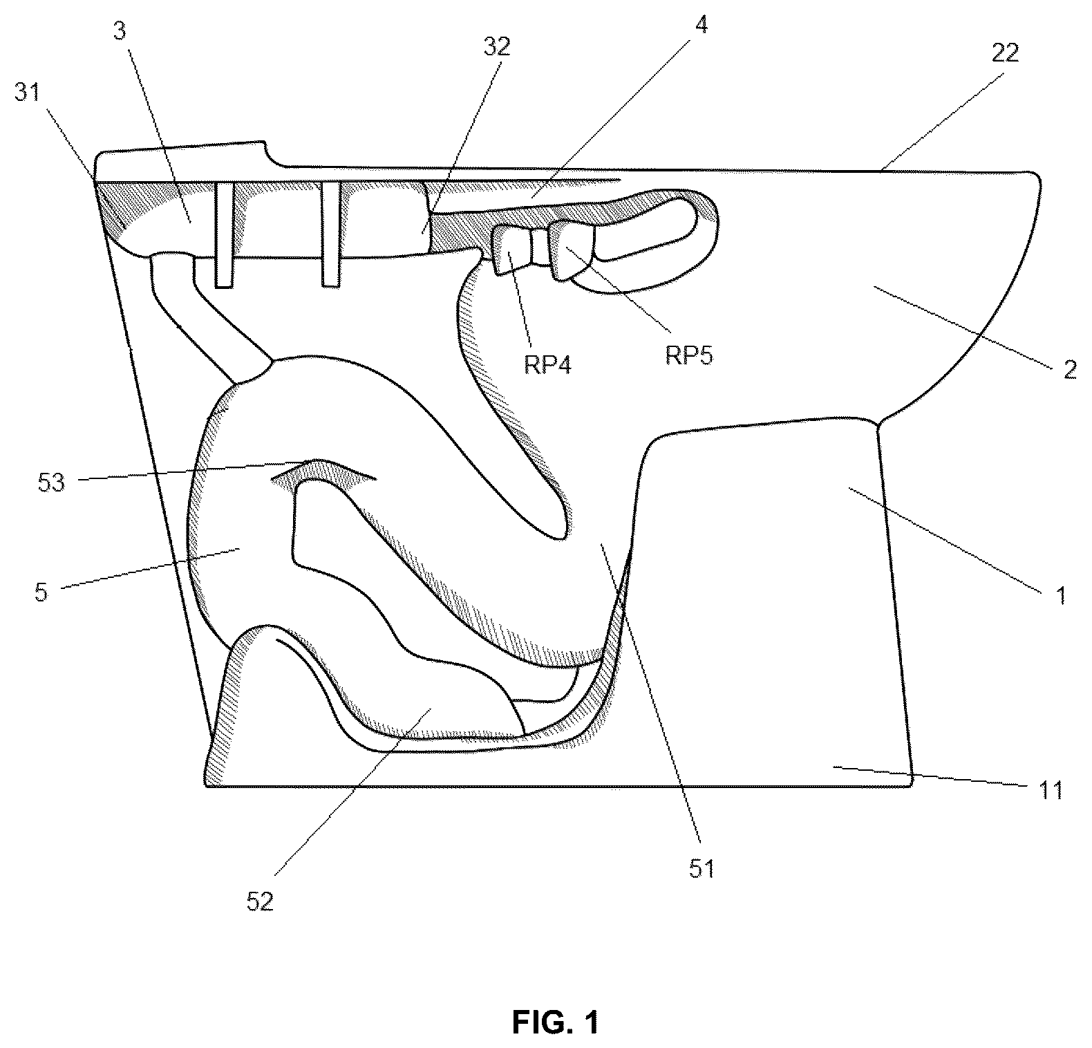 Patent US12448766 Figure 1 – Open-rim toilet with ports and openings in the rim and a wider discharge channel entrance to prevent blockage by waste