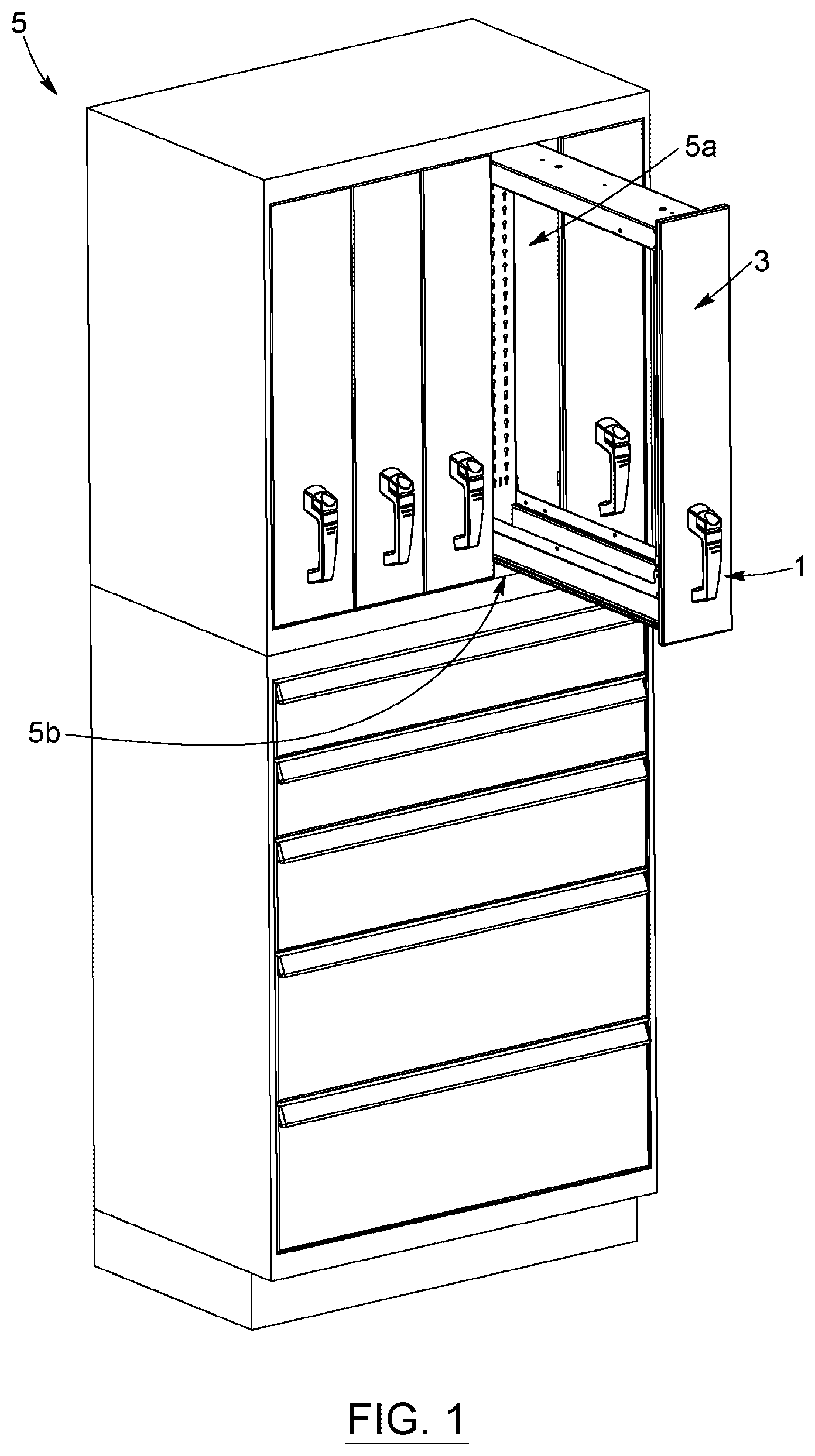 Patent US12448811 — Handle system for vertical drawer, cabinet structure provided with such system, kit for assembling the same, and corresponding methods of manufacturing, assembling and operating associated thereto — Figure 1