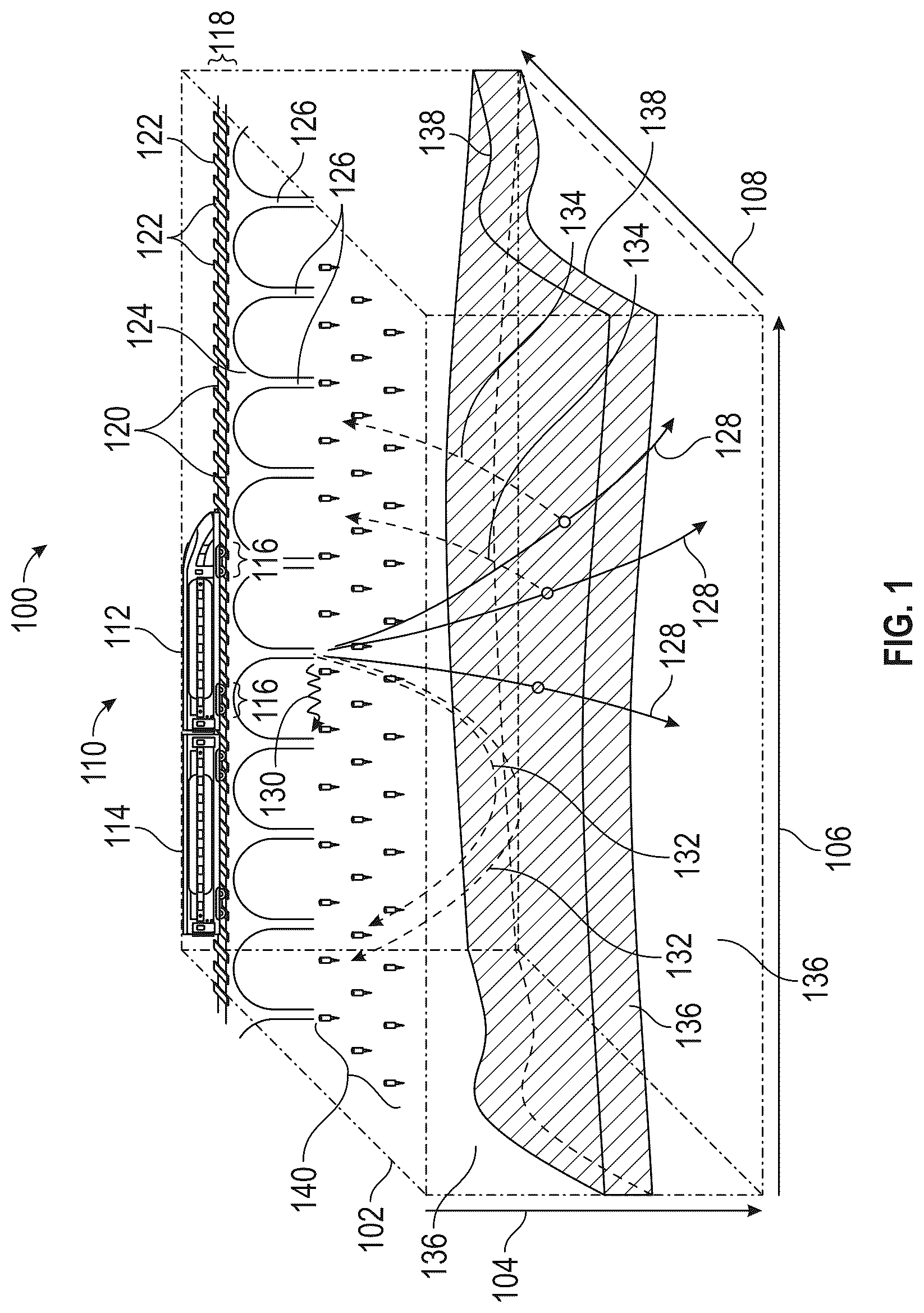 Patent US12455393 Figure 1 – Seismic acquisition and processing with a high-speed train source