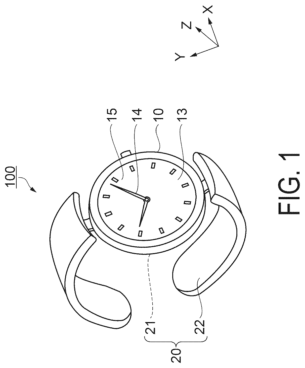 Patent US12455538 Figure 1 – Wrist watch and strap