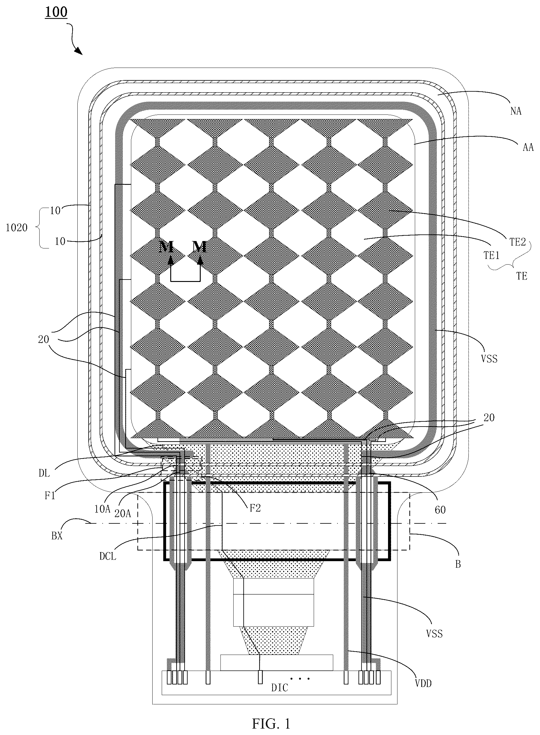 Patent US12455649 — Display panel and display apparatus having various heights of dam structures and various width of touch wires — Figure 1