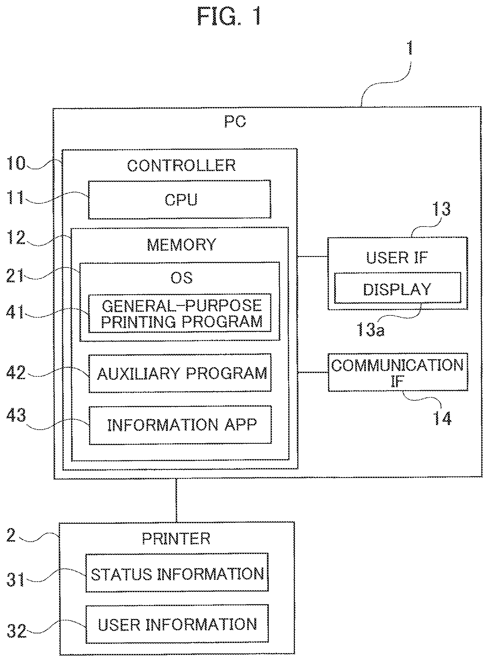 Patent US12455706 — Information processing device having OS-standard general-purpose printing program installed thereon that enables the device to notify user of connection error with printer — Figure 1