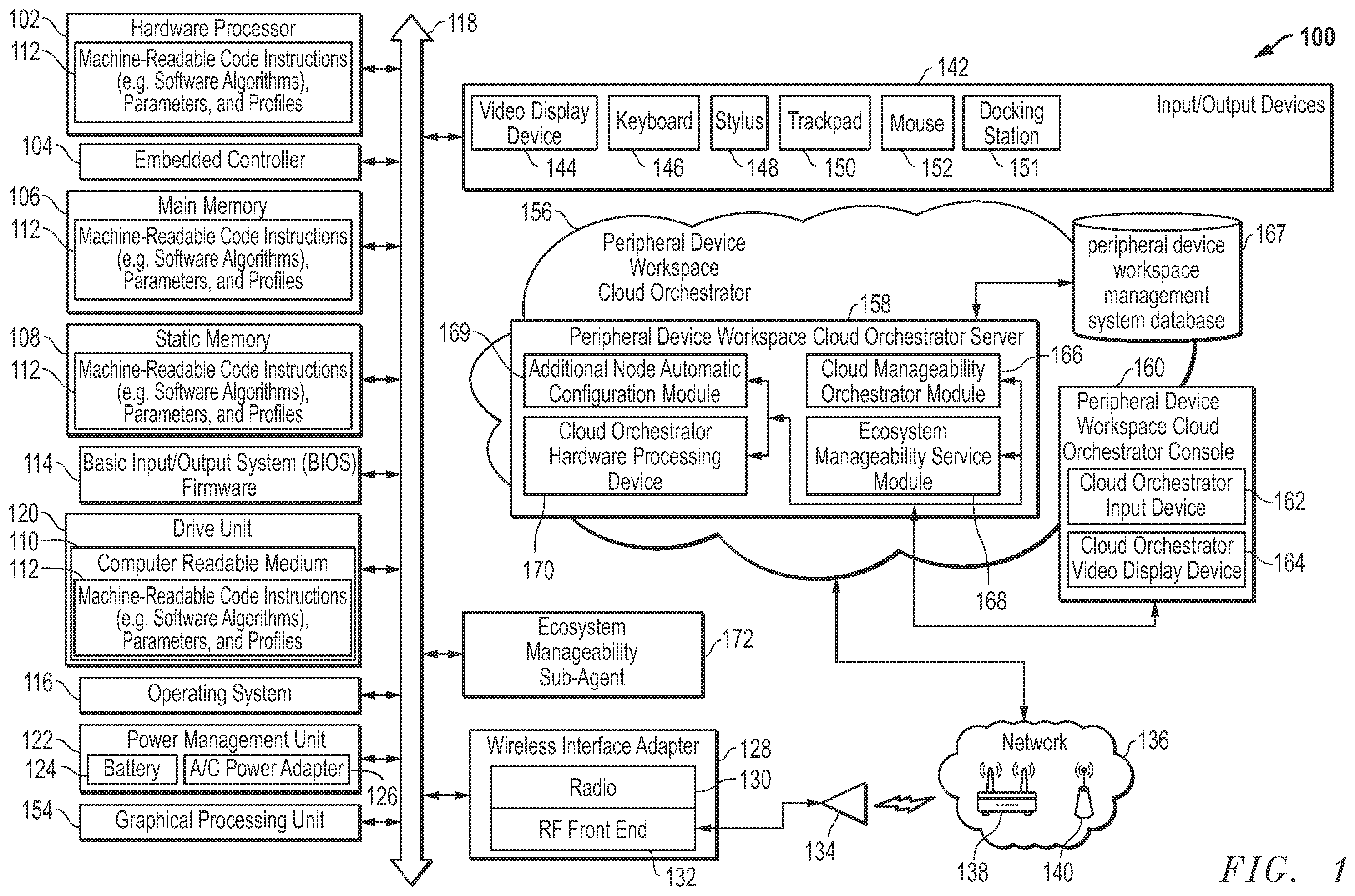 Patent US12455838 Figure 1 – System and method for determining peripheral device configurations across a plurality of workspaces for seamless user peripheral device workspace ecosystem experience