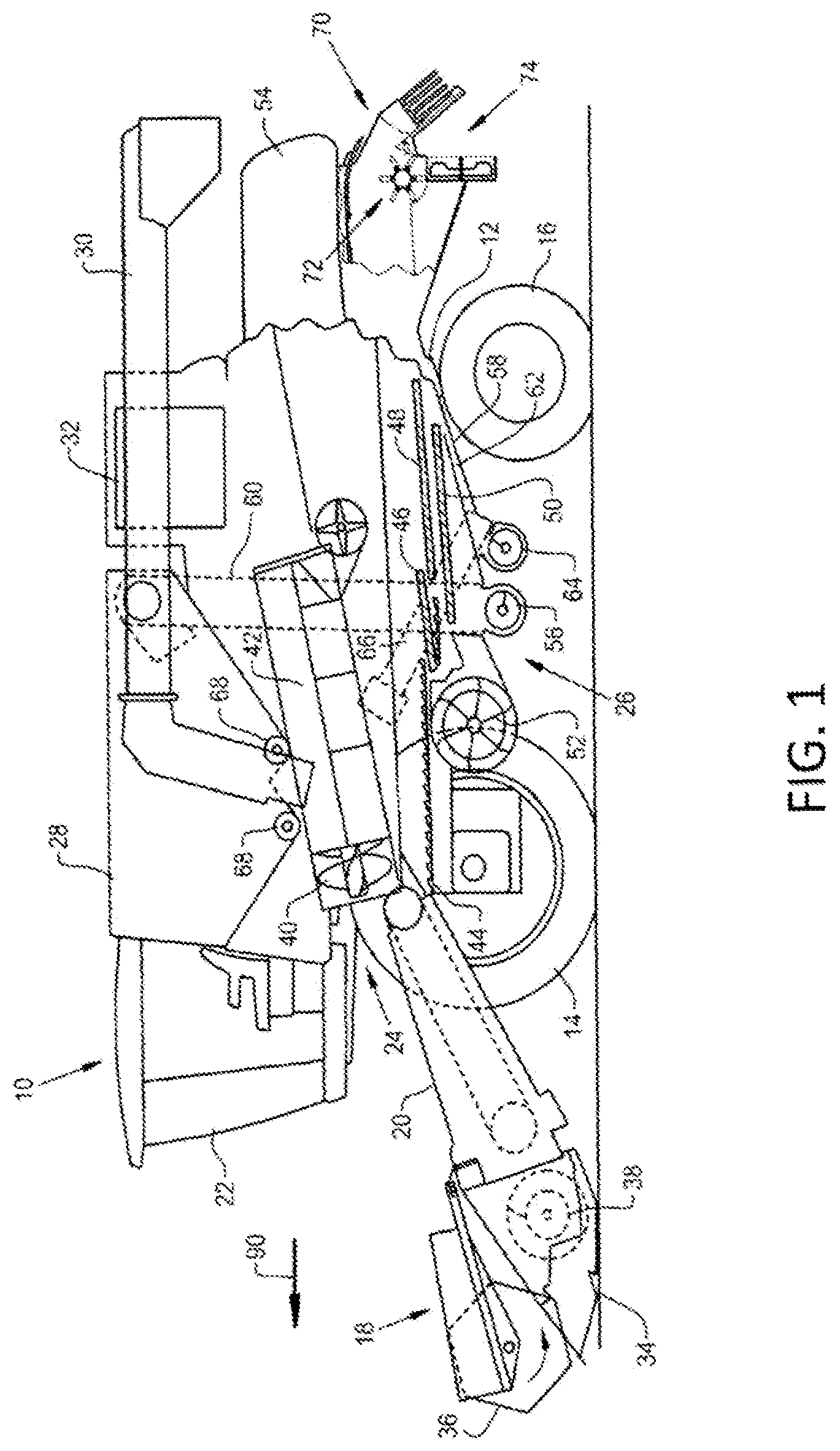 Patent US12457930 Figure 1 – Combine harvester with tilted crop material sensor arrangement