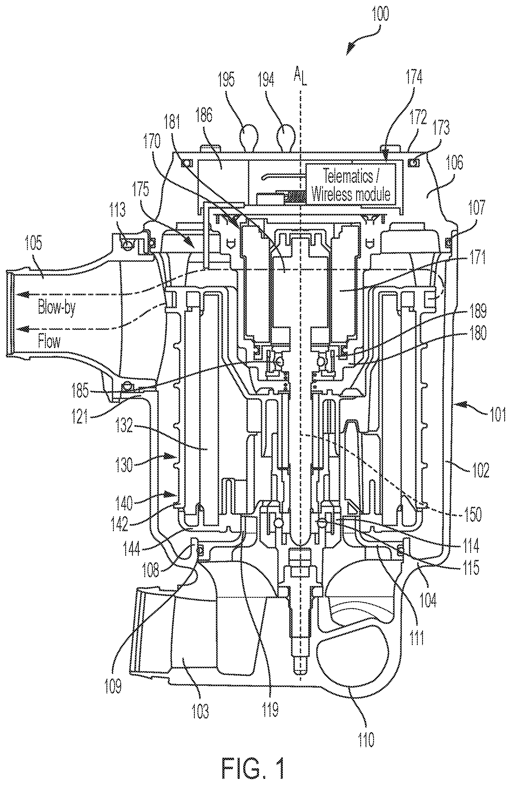 Patent US12460564 — Crankcase ventilation systems including integrated sensors and controller — Figure 1