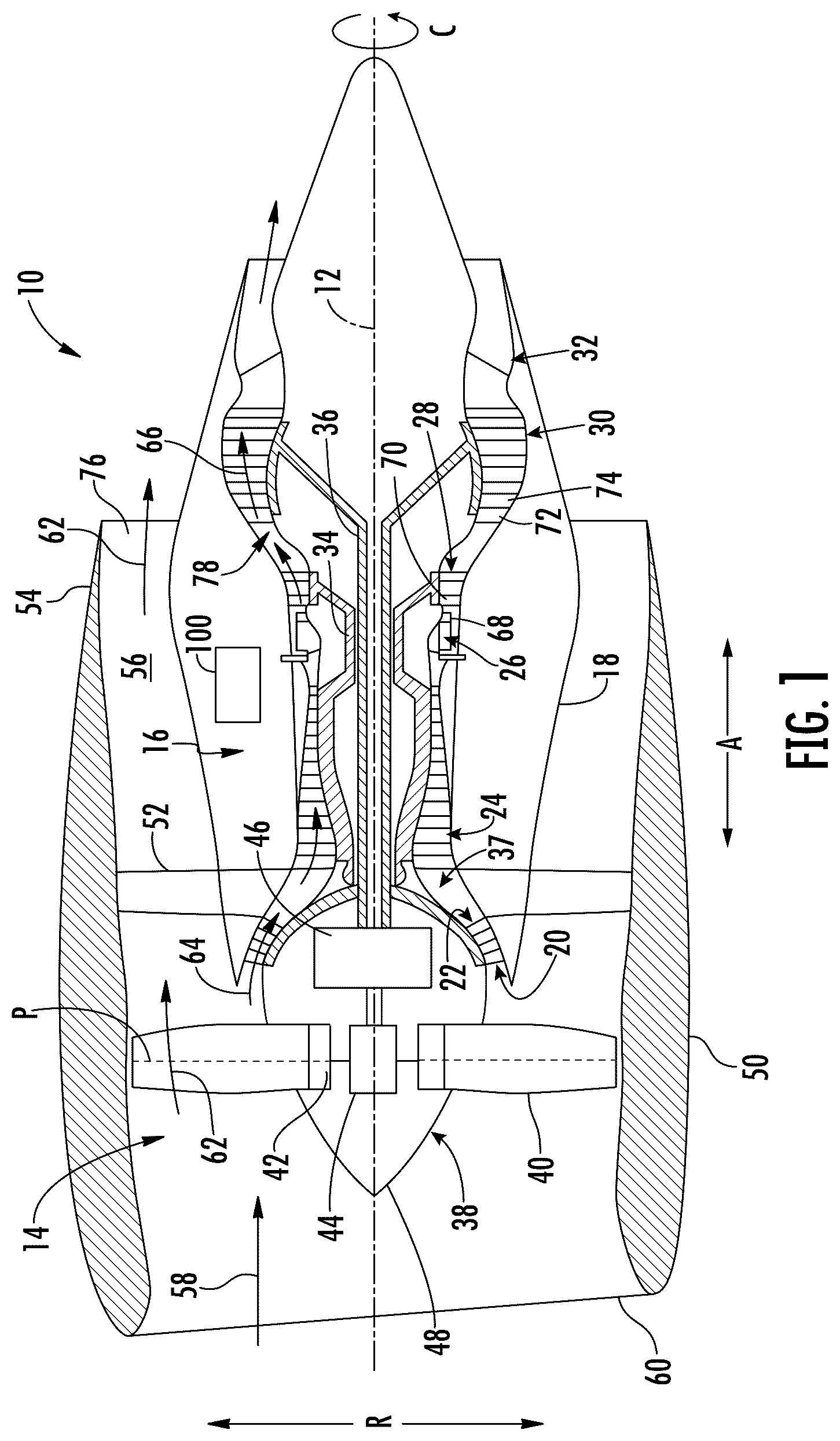 Patent US12460574 Figure 1 – Gas turbine engine having cooling systems
