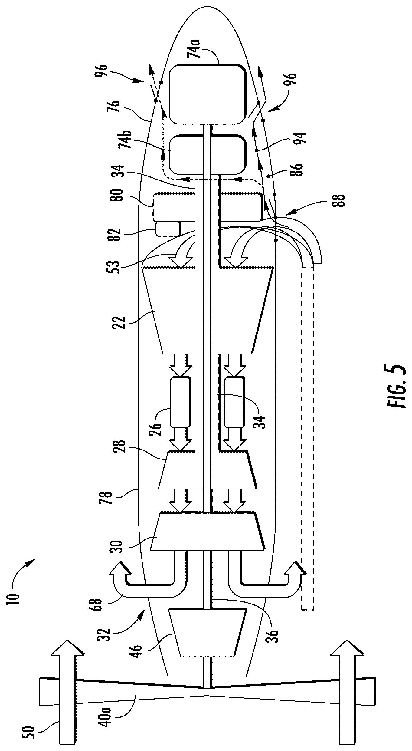 Patent US12460576 Figure 5 – Reverse flow gas turbine engine having electric machine