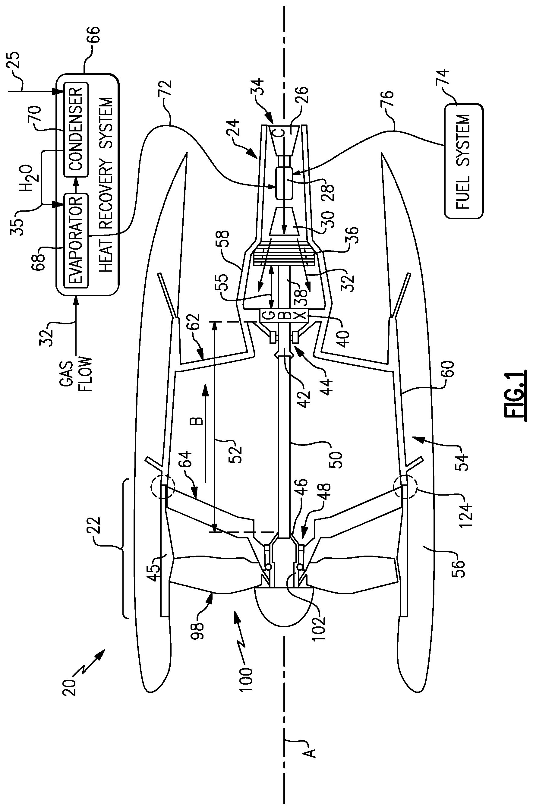 Patent US12460577 Figure 1 – AFT gear based engine with heat recovery system