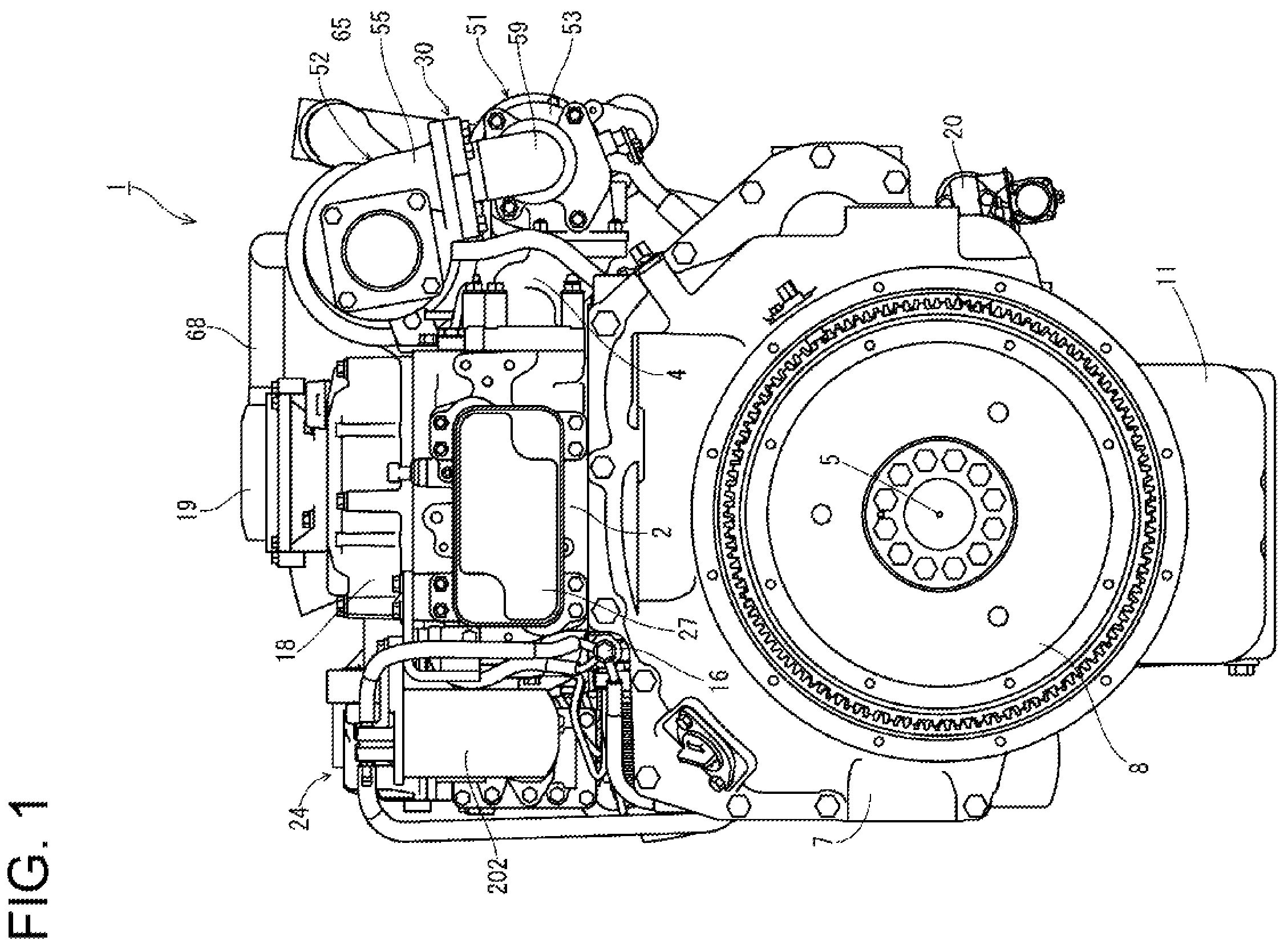 Patent US12460613 — Engine device including an orientation of a fuel return line attached to a common rail — Figure 1