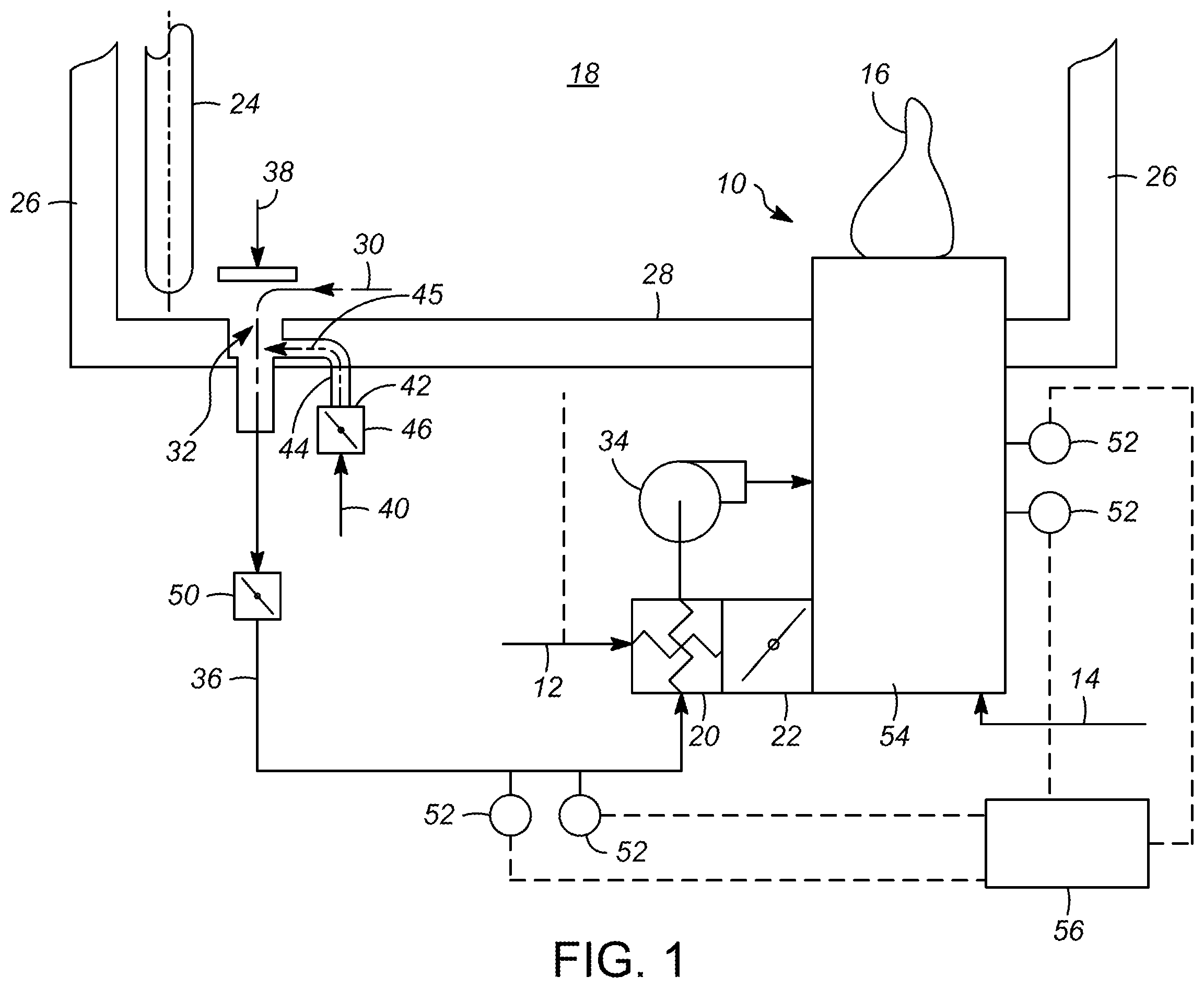 Patent US12460814 Figure 1 – Low NOx gas burner with cooled flue gas recycle