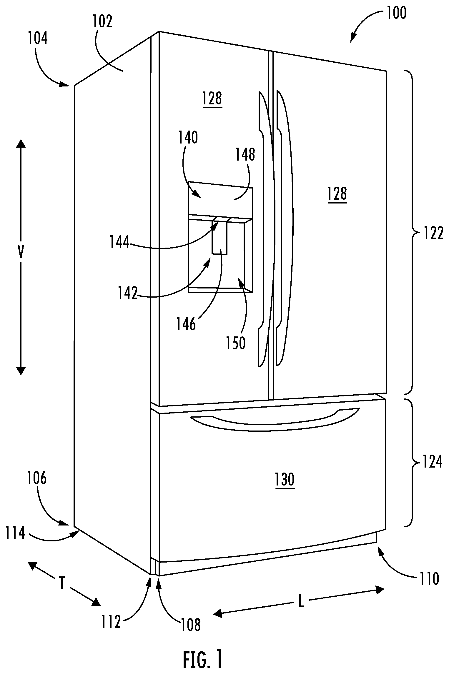 Patent US12460858 — Snap fit attachment feature for a mullion assembly of a refrigerator appliance — Figure 1