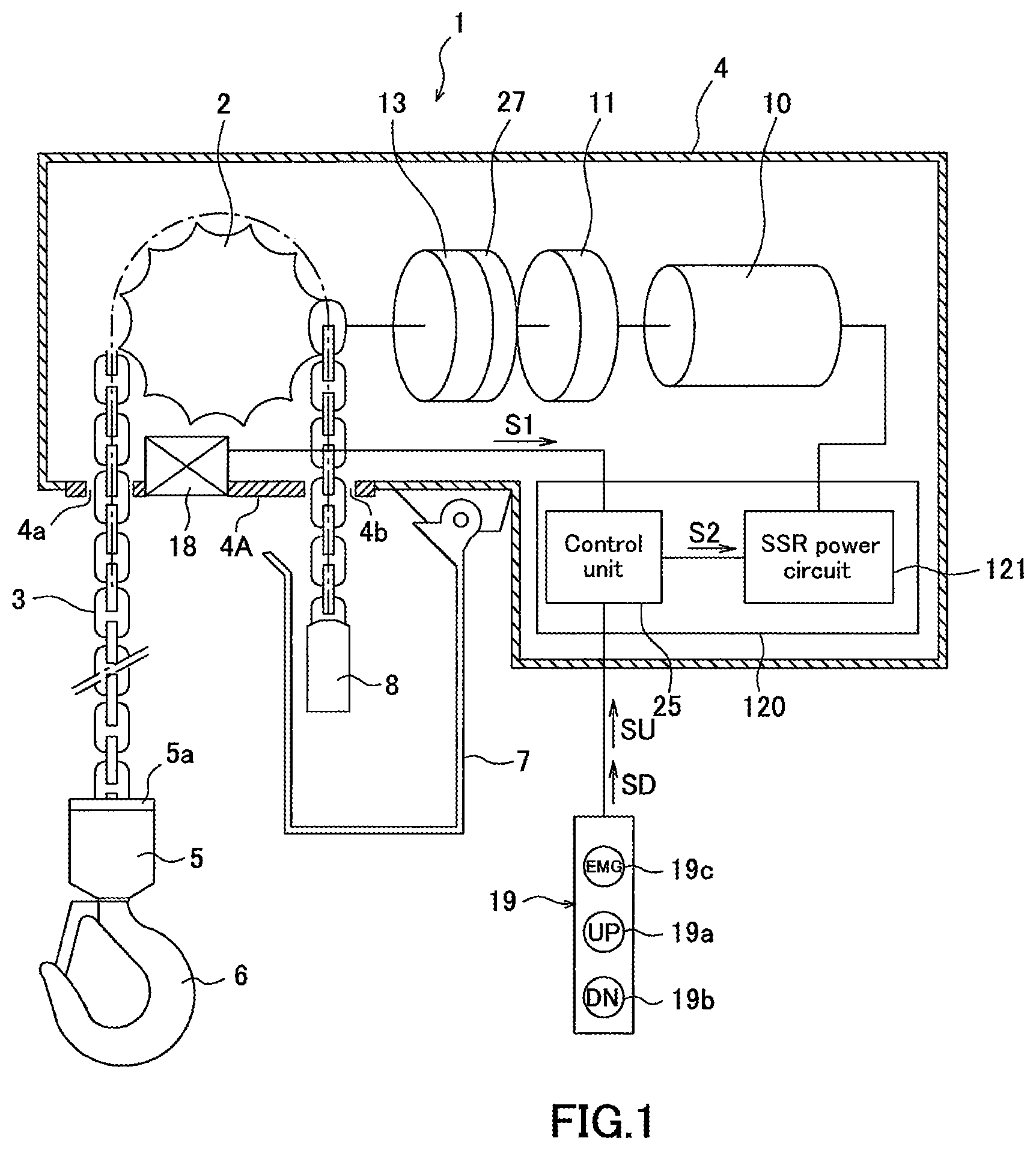 Patent US12460980 — Upper and lower limit detecting apparatus and method for electric chain block — Figure 1