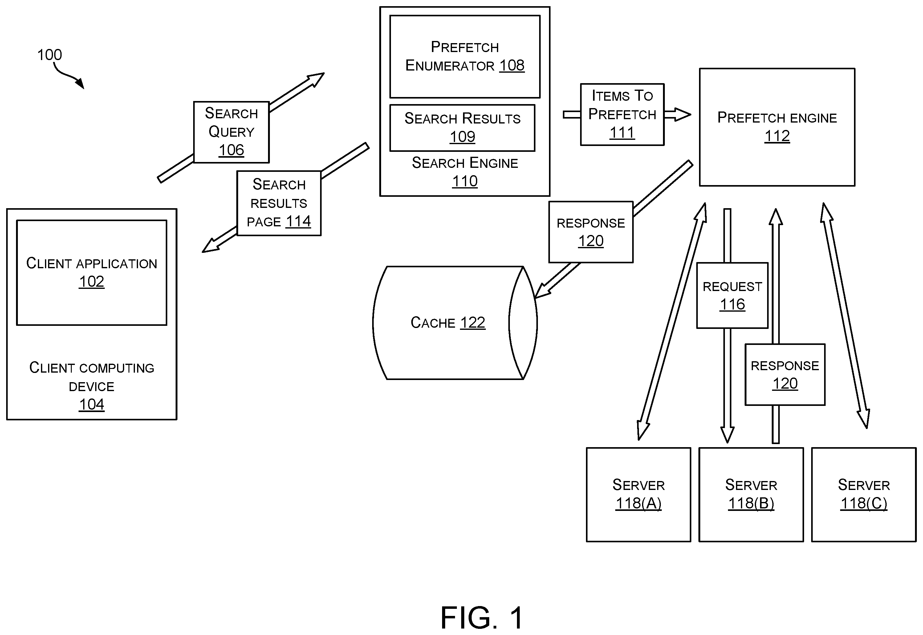 Patent US12468700 — Asynchronous predictive caching of content listed in search results — Figure 1