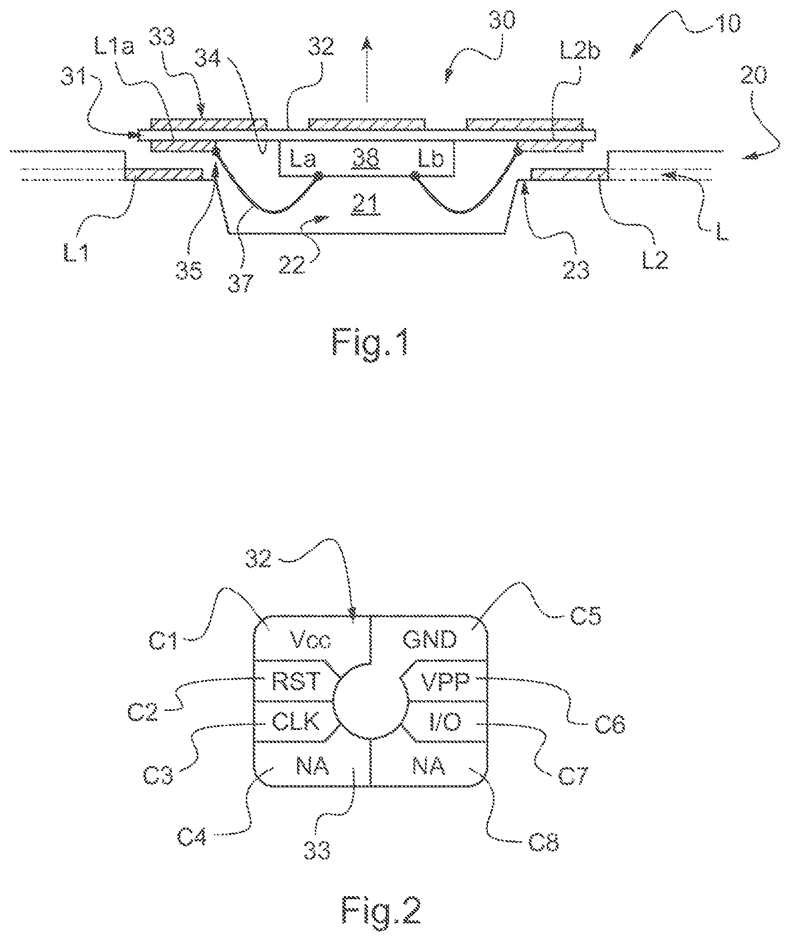Patent US12468918 — Electronic document module comprising a chip and a contact interface with an antenna connected to an I/O port of the chip, electronic document comprising such a module and method for checking a connection between the module and a corresponding antenna — Figure 1