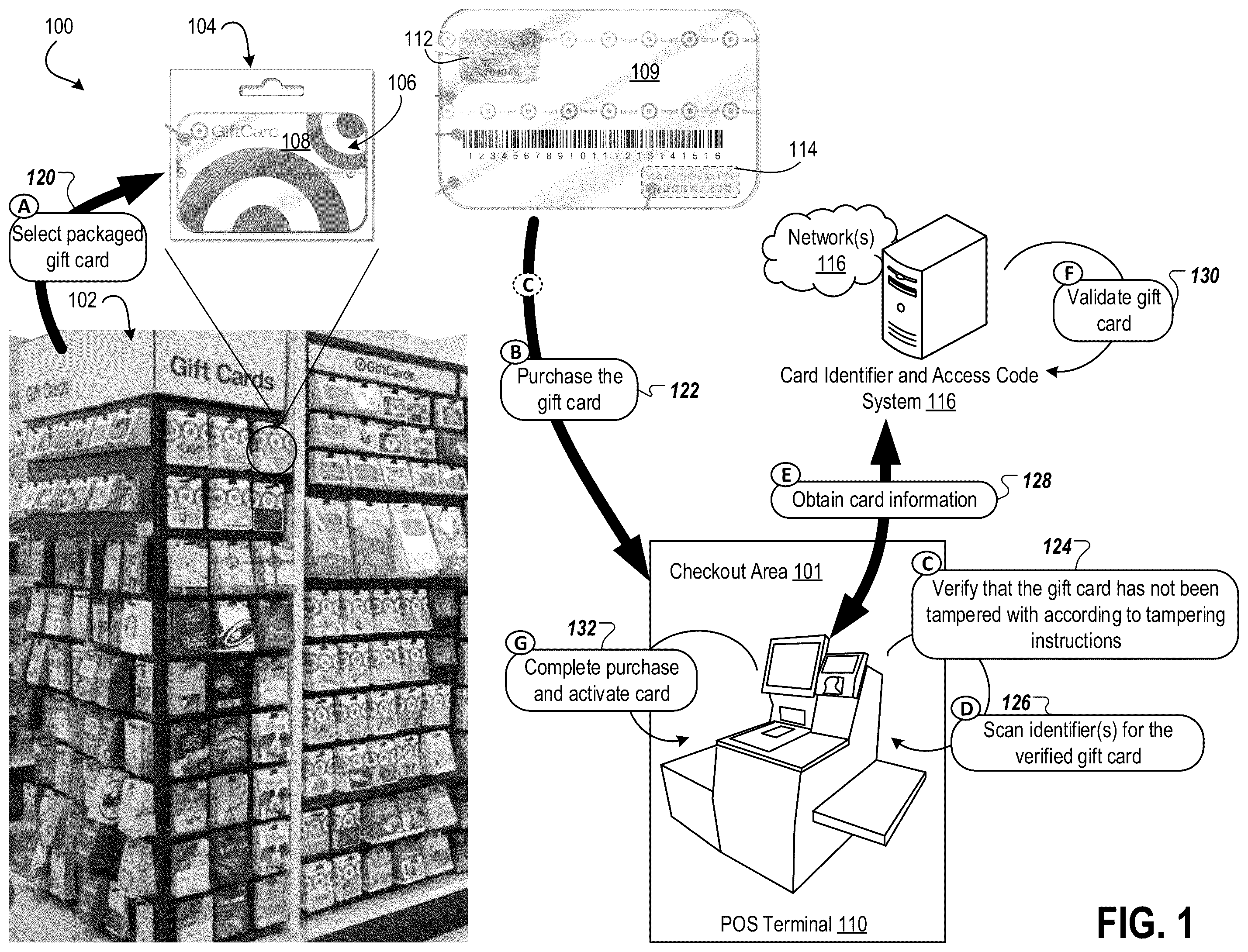 Patent US12468919 — Gift card having coin reactive ink and other tamperproof properties — Figure 1