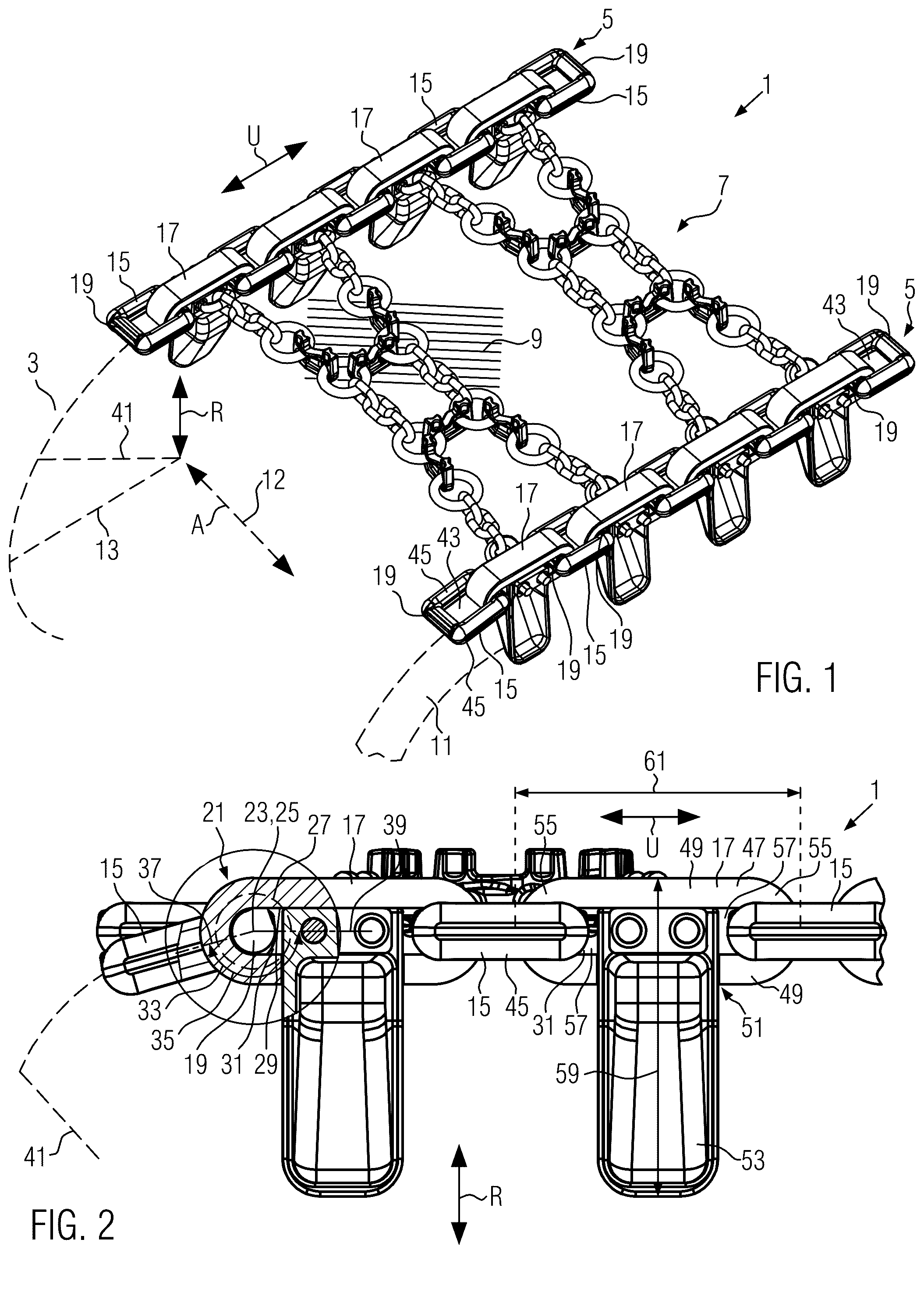Patent US12472782 Figure 1 – Anti-skid chain having a rotation-blocking element between adjacent chain links