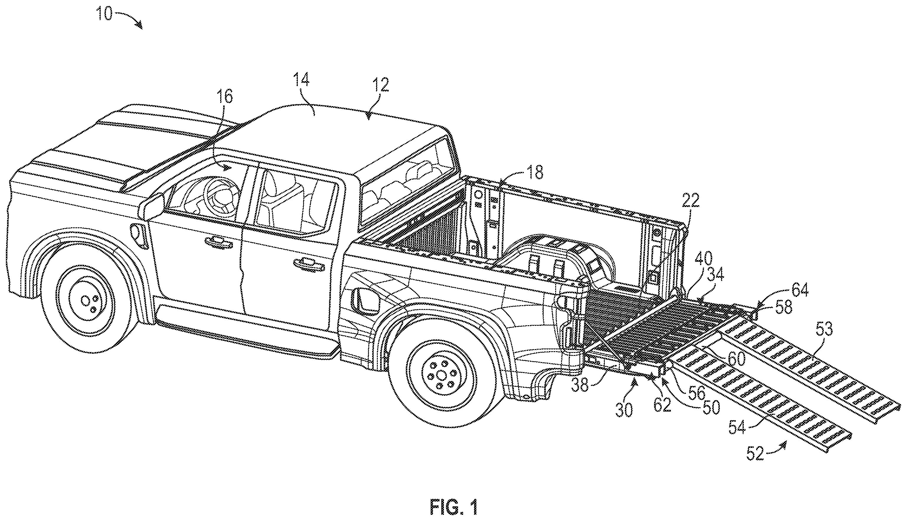 Patent US12472861 — Ramp support for pickup truck tailgate — Figure 1
