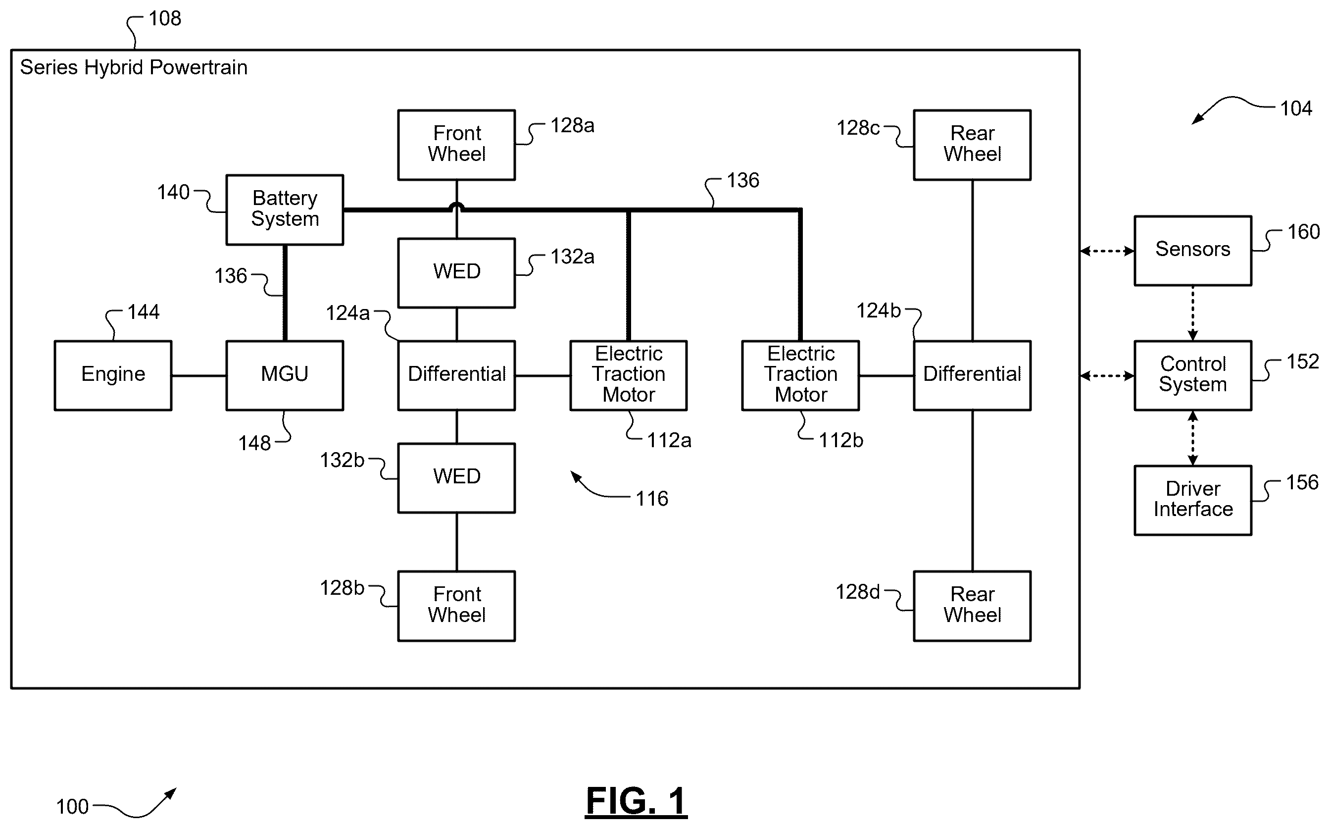 Patent US12472934 Figure 1 – Engine torque control during wheel shaft disconnect transitions on series hybrid powertrains
