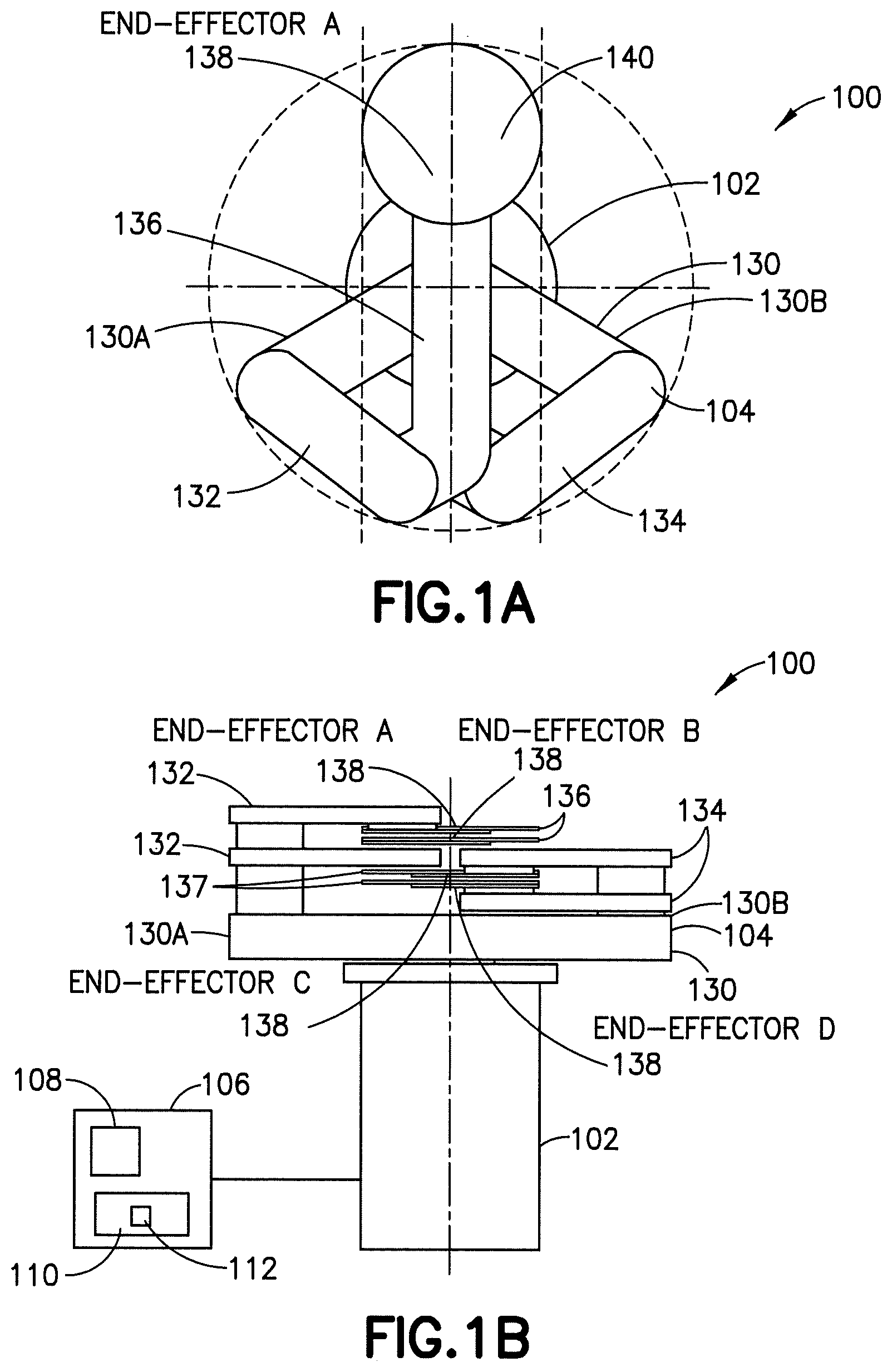 Patent US12479085 Figure 1 – Material-handling robot with multiple semi-independent arms