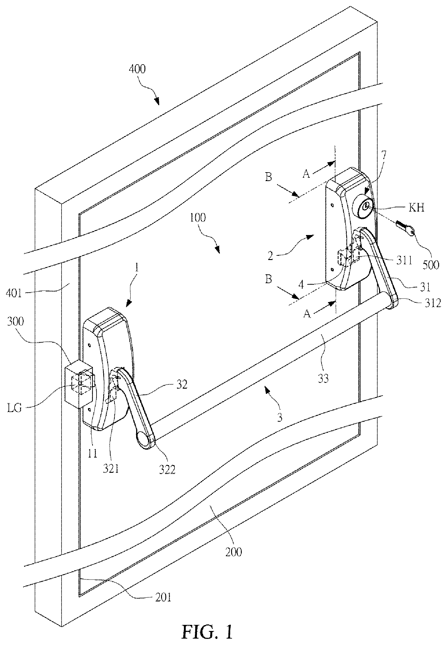 Patent US12480336 — Delayed unlocking push-down type emergency door-locking device — Figure 1