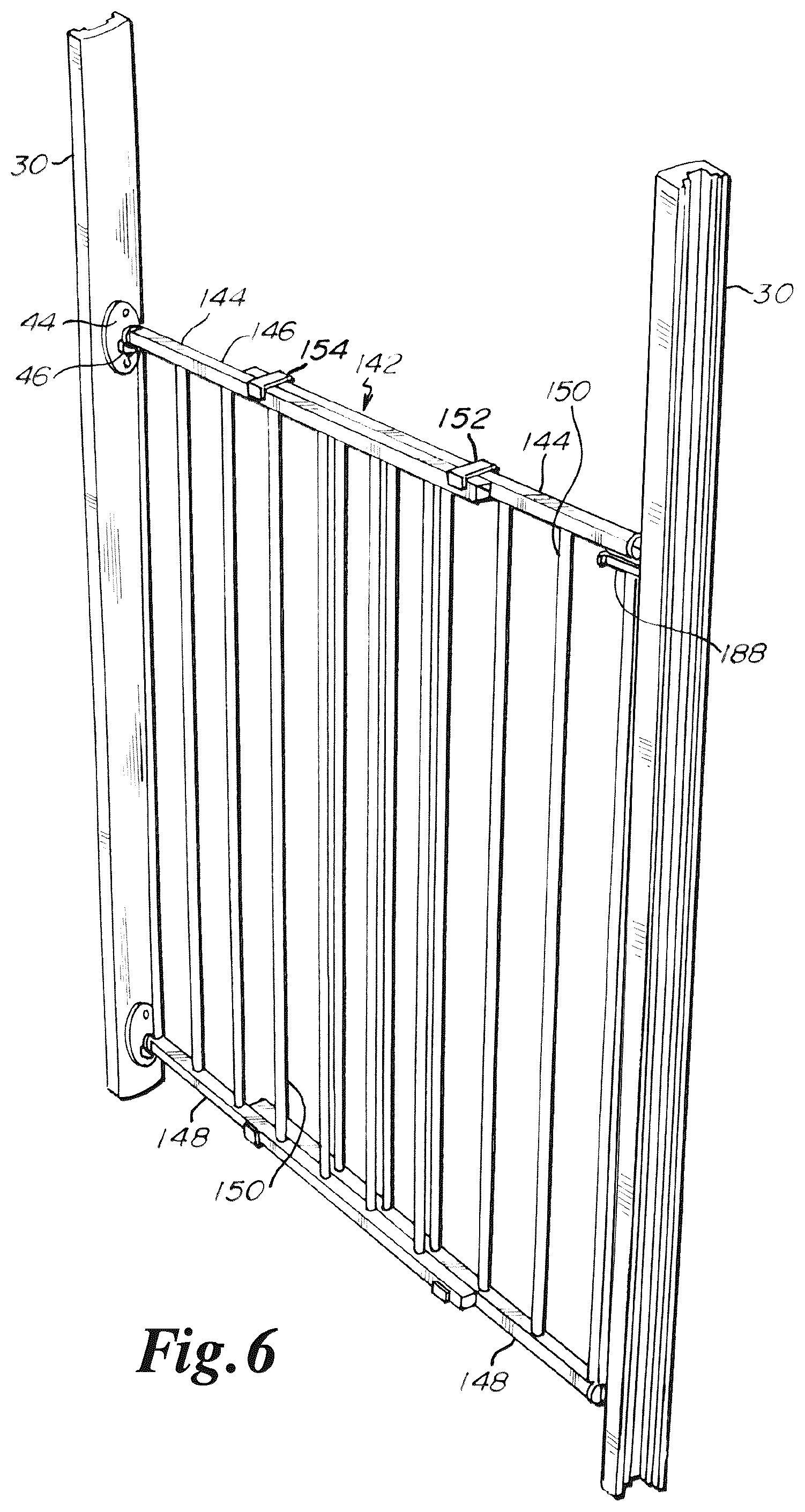 Patent US12480358 Figure 6 – Gate having four pins and stairway post adapter