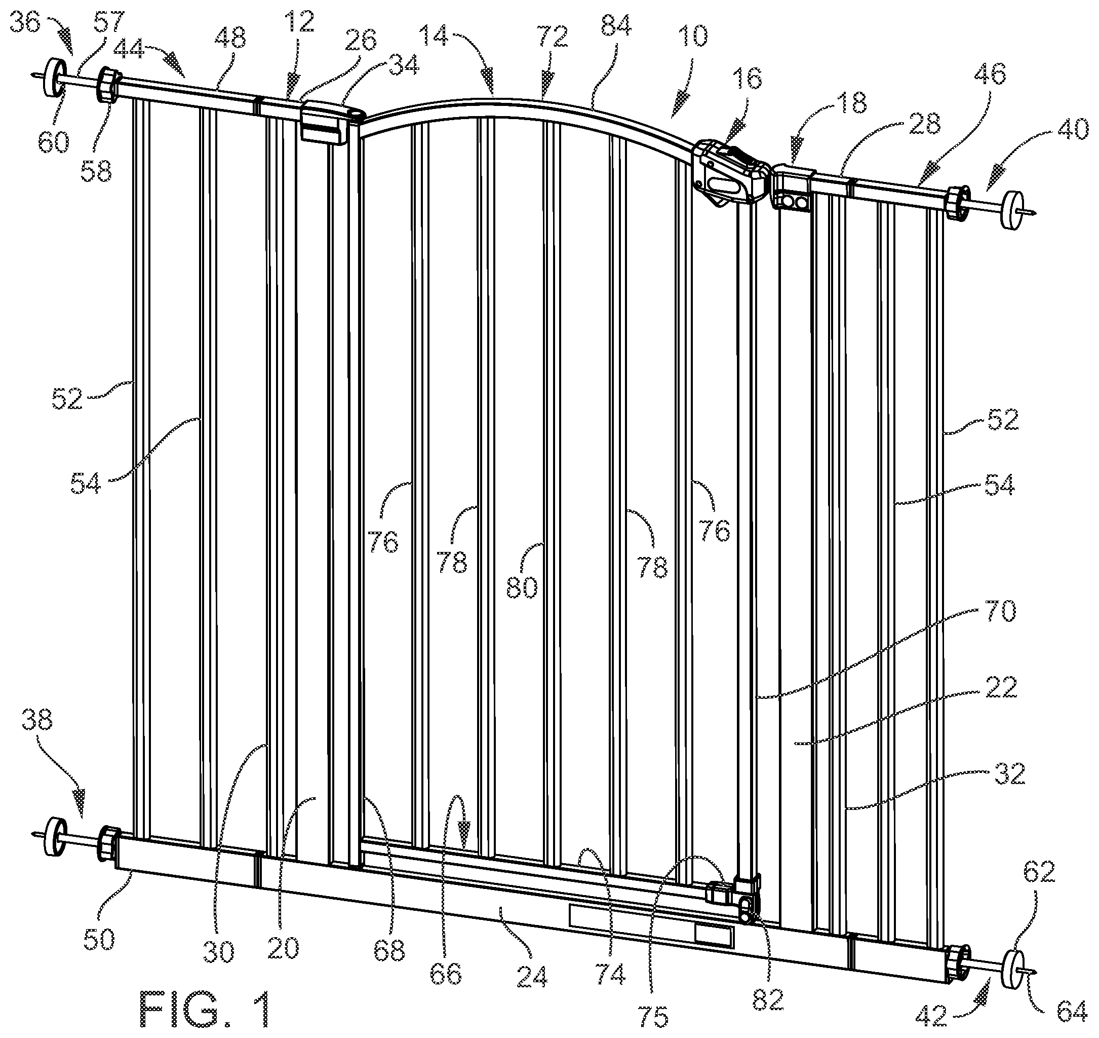 Patent US12480361 Figure 1 – Gated barrier with one hand latch apparatus