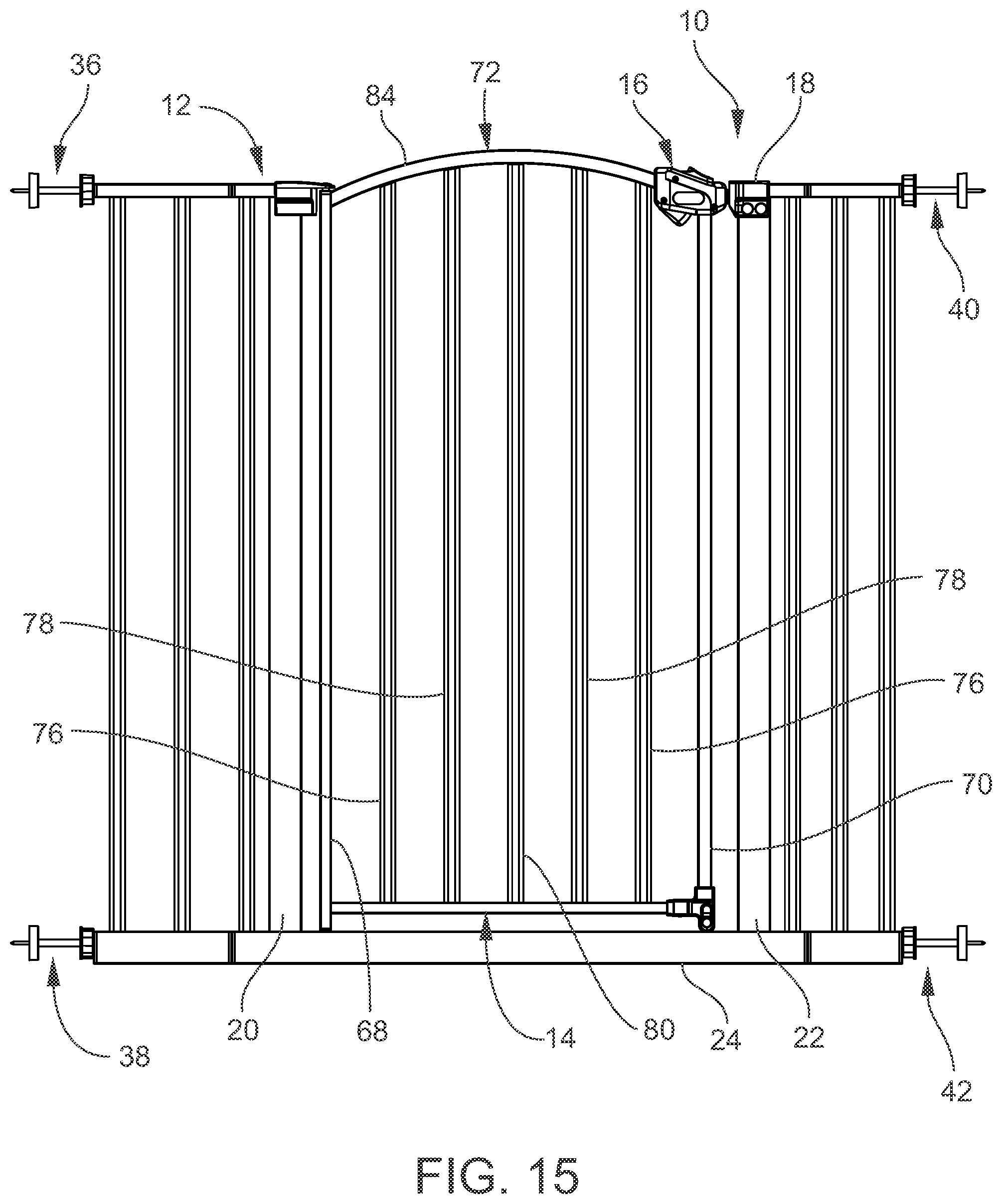 Patent US12480361 Figure 15 – Gated barrier with one hand latch apparatus