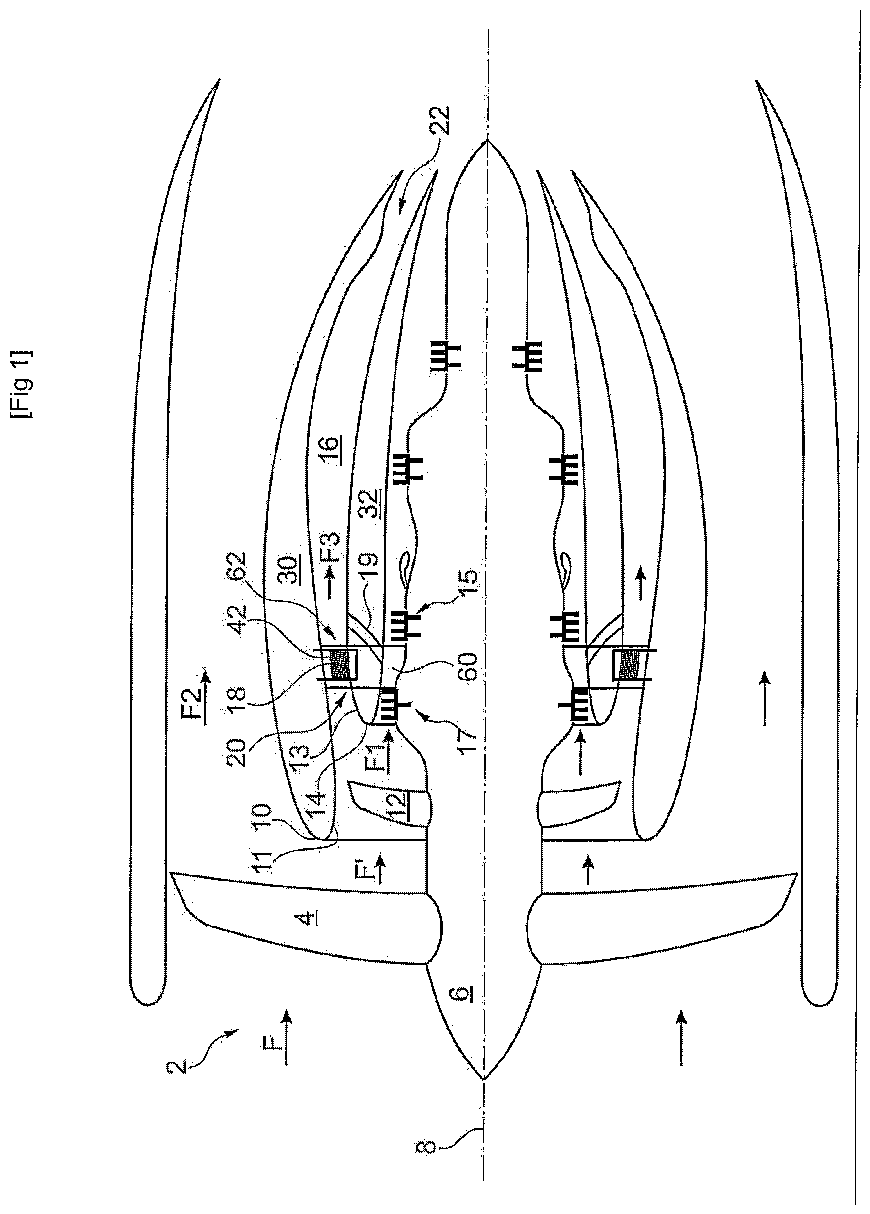 Patent US12480440 — Triple-flow axial turbomachine comprising a diverging heat exchanger in the third flow — Figure 1