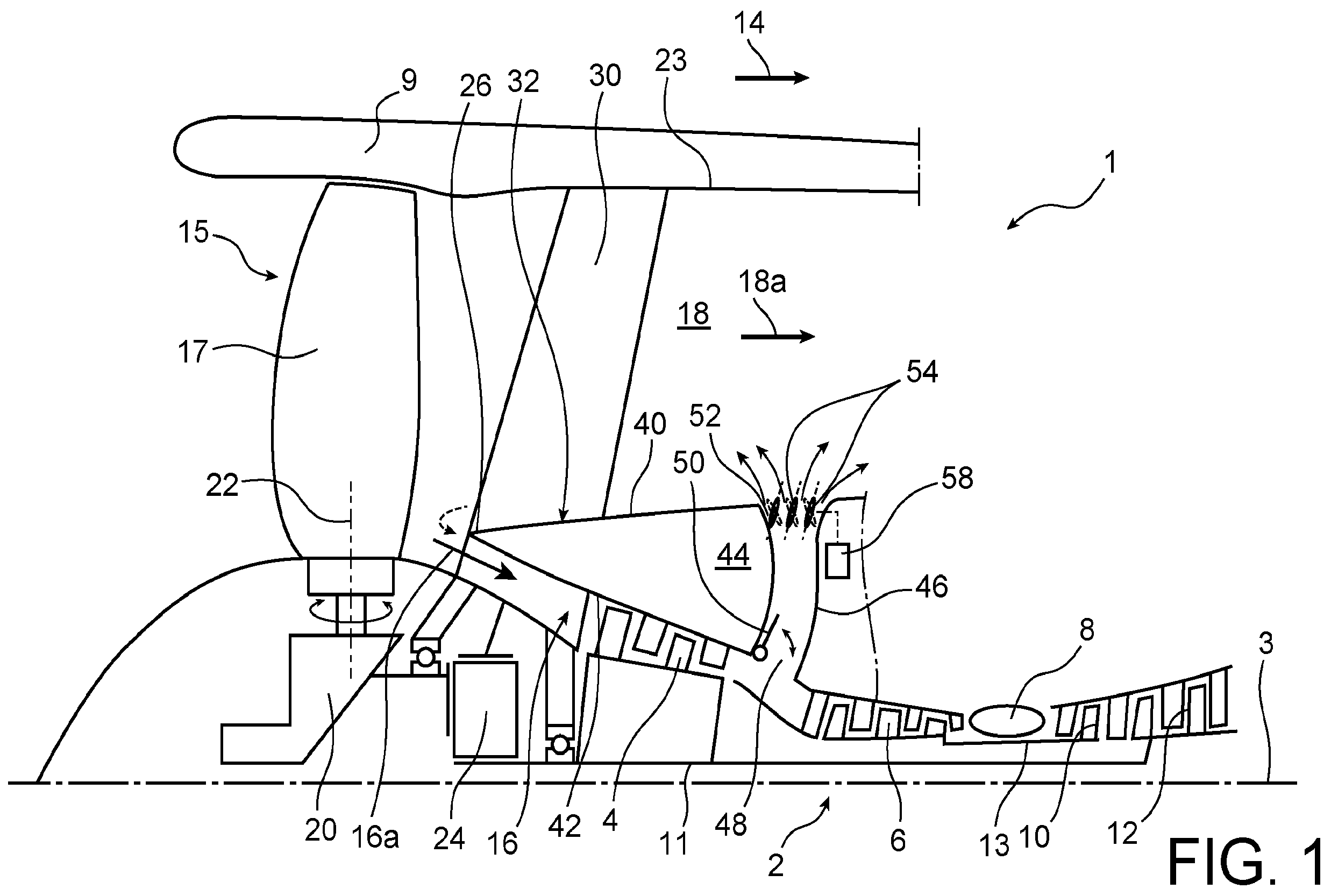 Patent US12480452 — Aircraft dual-flow turbine engine assembly, the assembly being equipped with incidence-controlled air discharge fins — Figure 1