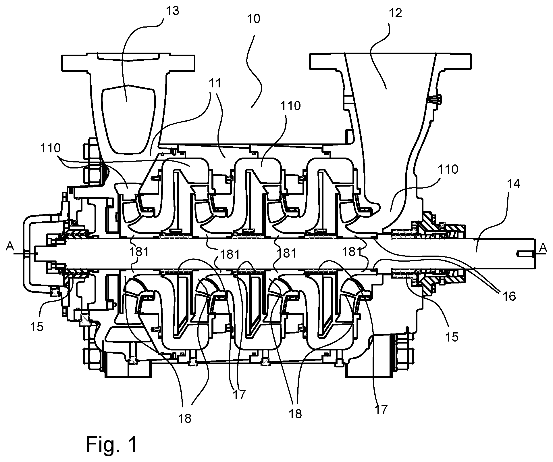 Patent US12480494 — Multistage centrifugal pump for pumping fluid, an impeller/ shaft assembly and a method for assembling an impeller/ shaft assembly — Figure 1