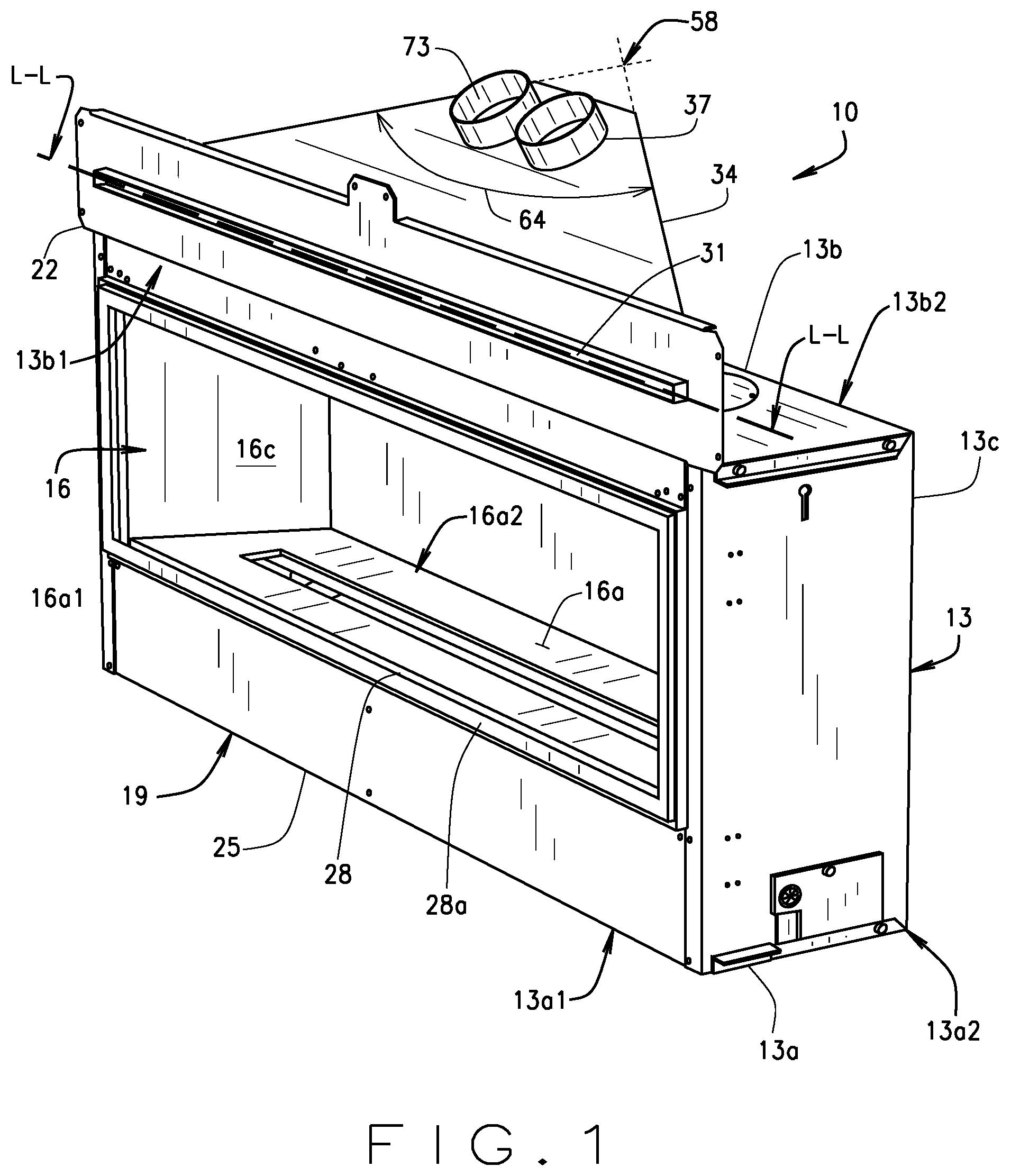 Patent US12480659 — Vent-free fireplace heat removal system and accessories adapted for removal of excess heat from a room wherein the vent-free fireplace is located — Figure 1