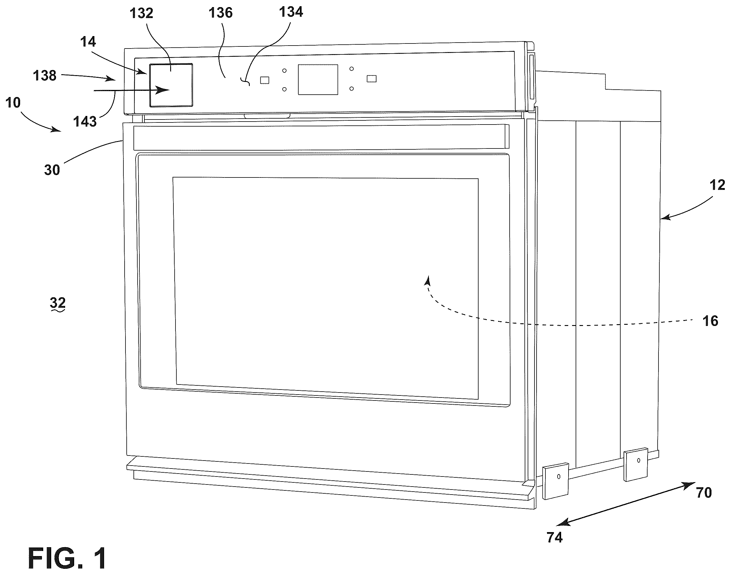 Patent US12480663 — Securement and release assembly for a component of an appliance, appliance including the same and oven including the same for a refillable water reservoir for use with steam cooking — Figure 1