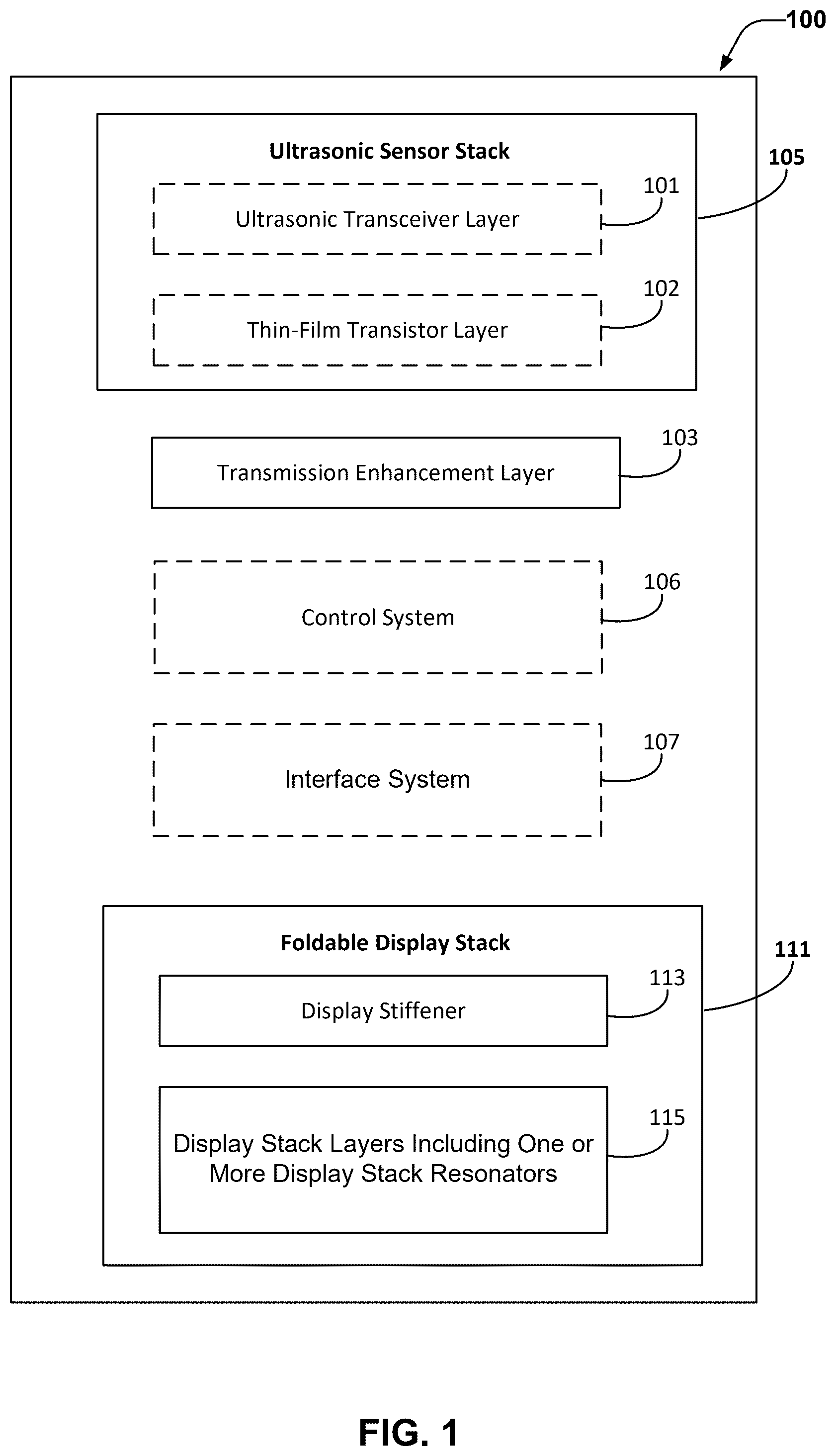 Patent US12488613 Figure 1 – Ultrasonic fingerprint sensor with passive and active common mode cancellation