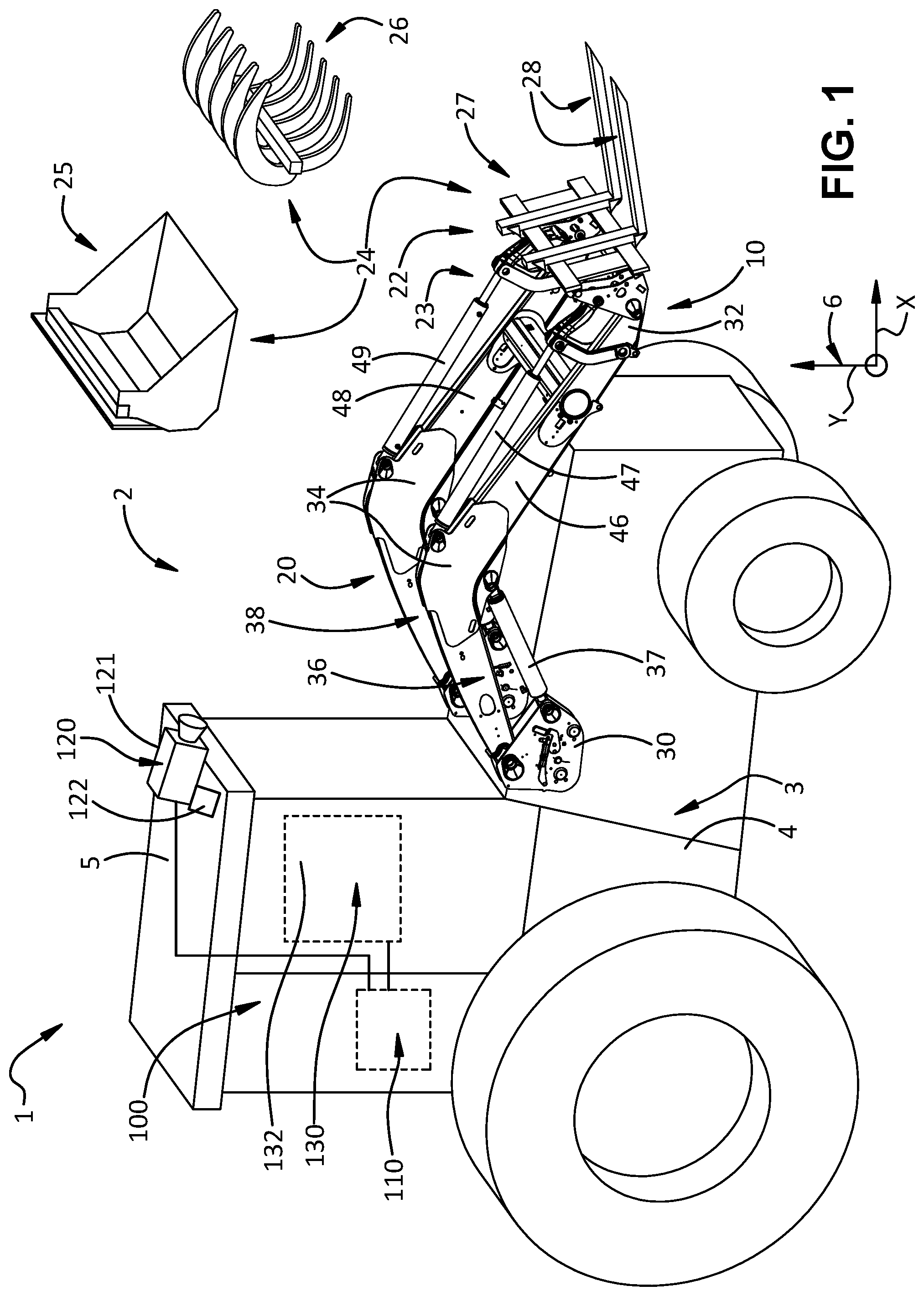 Patent US12488630 — Method and apparatus monitoring operation of a work vehicle attachment for scheduling maintenance — Figure 1
