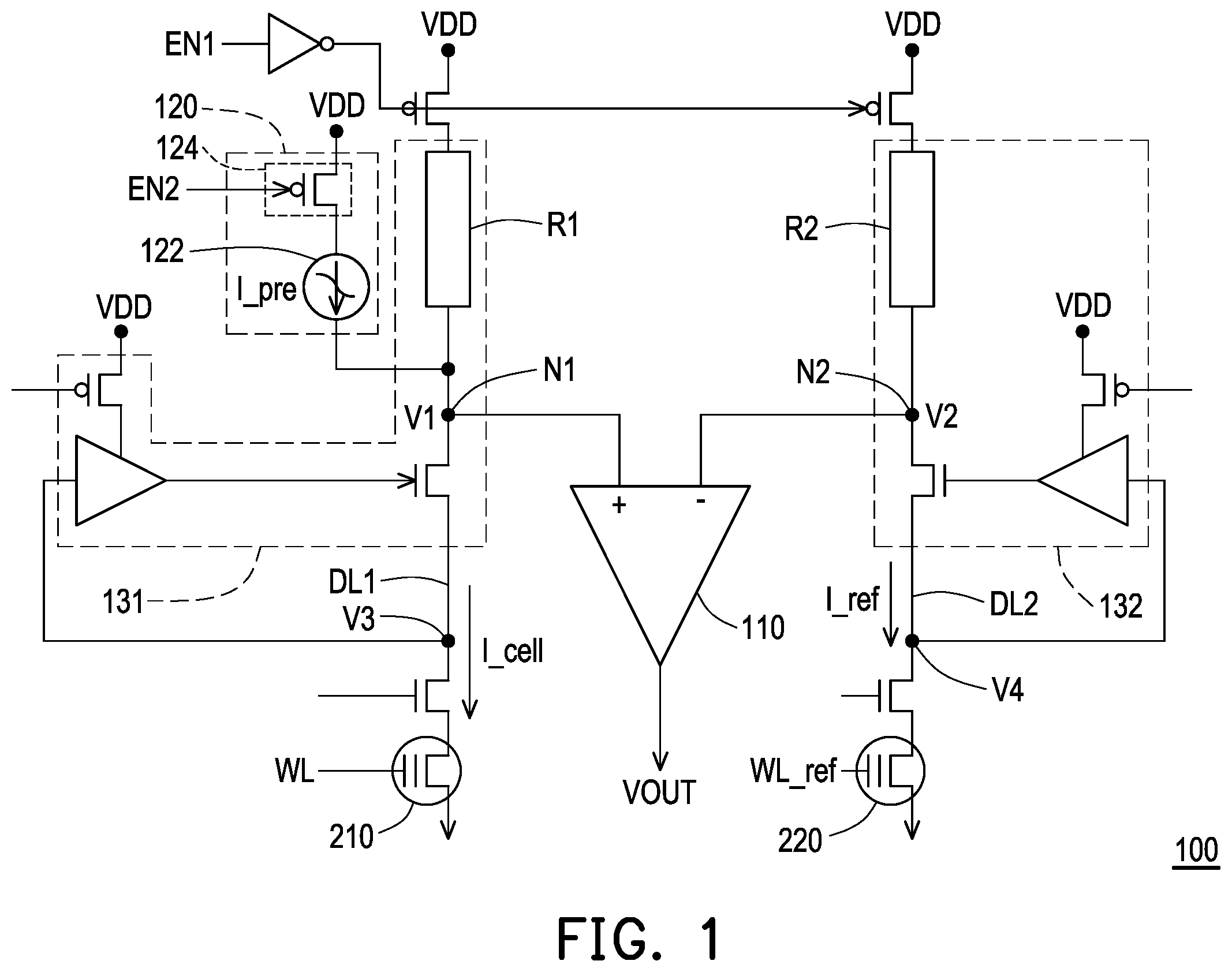 Patent US12488841 — Current sensing circuit using proportional current mirrors — Figure 1