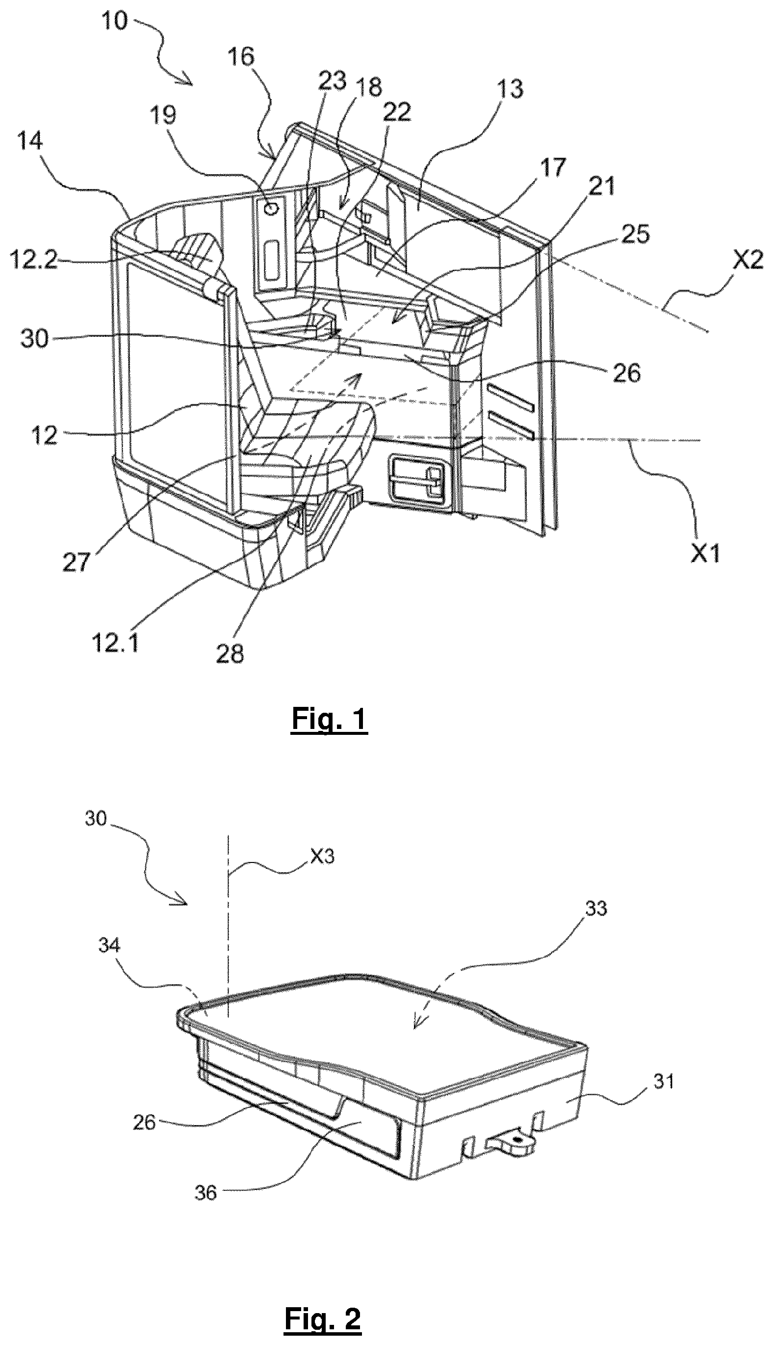 Patent US12492001 Figure 1 – Item of furniture provided with a device for rotatably deploying a movable element