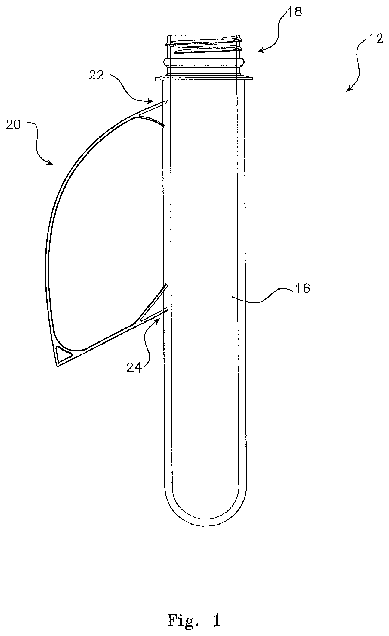 Patent US12492041 Figure 1 – Continuous stretch blow moulding system applied to specified integral handle pet preform and container structures
