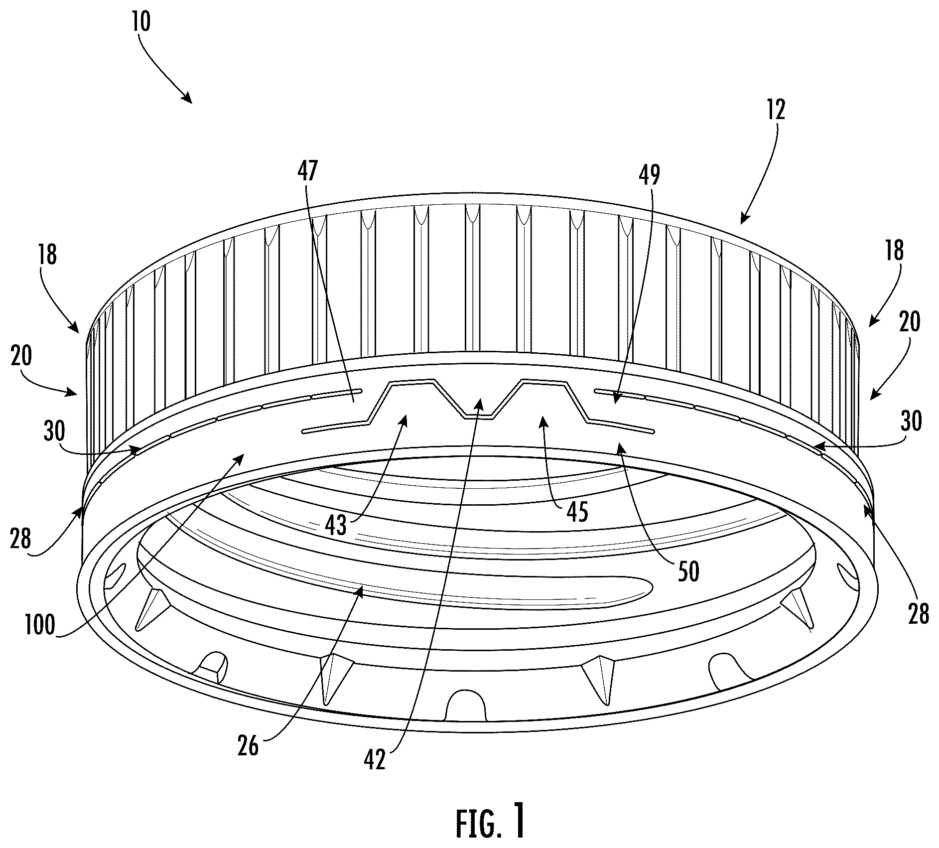Patent US12492045 — Tethered, hinged closure — Figure 1