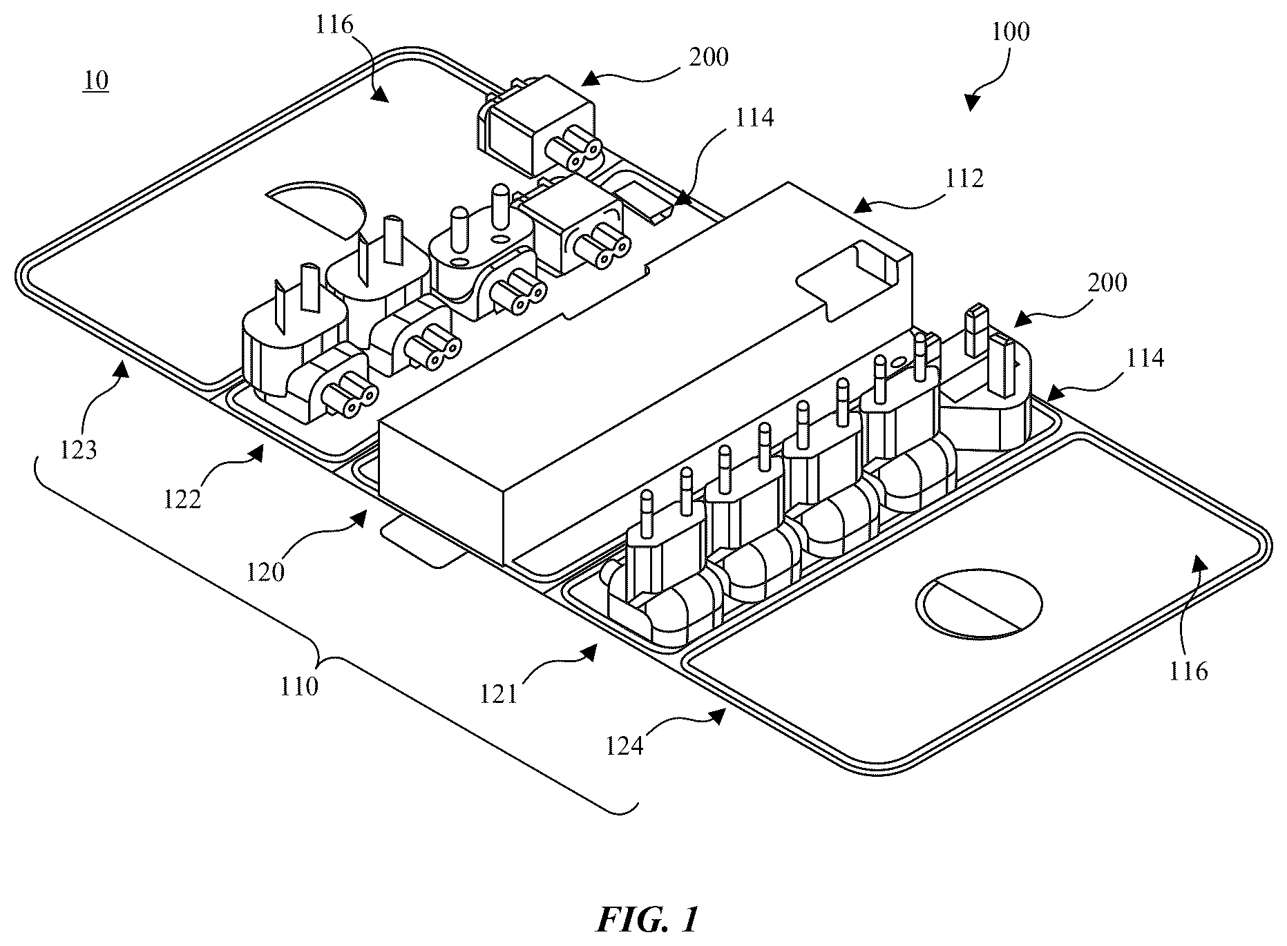 Patent US12492056 — Packaging and storage case with paper posts for securing accessories such as electronic adapters — Figure 1