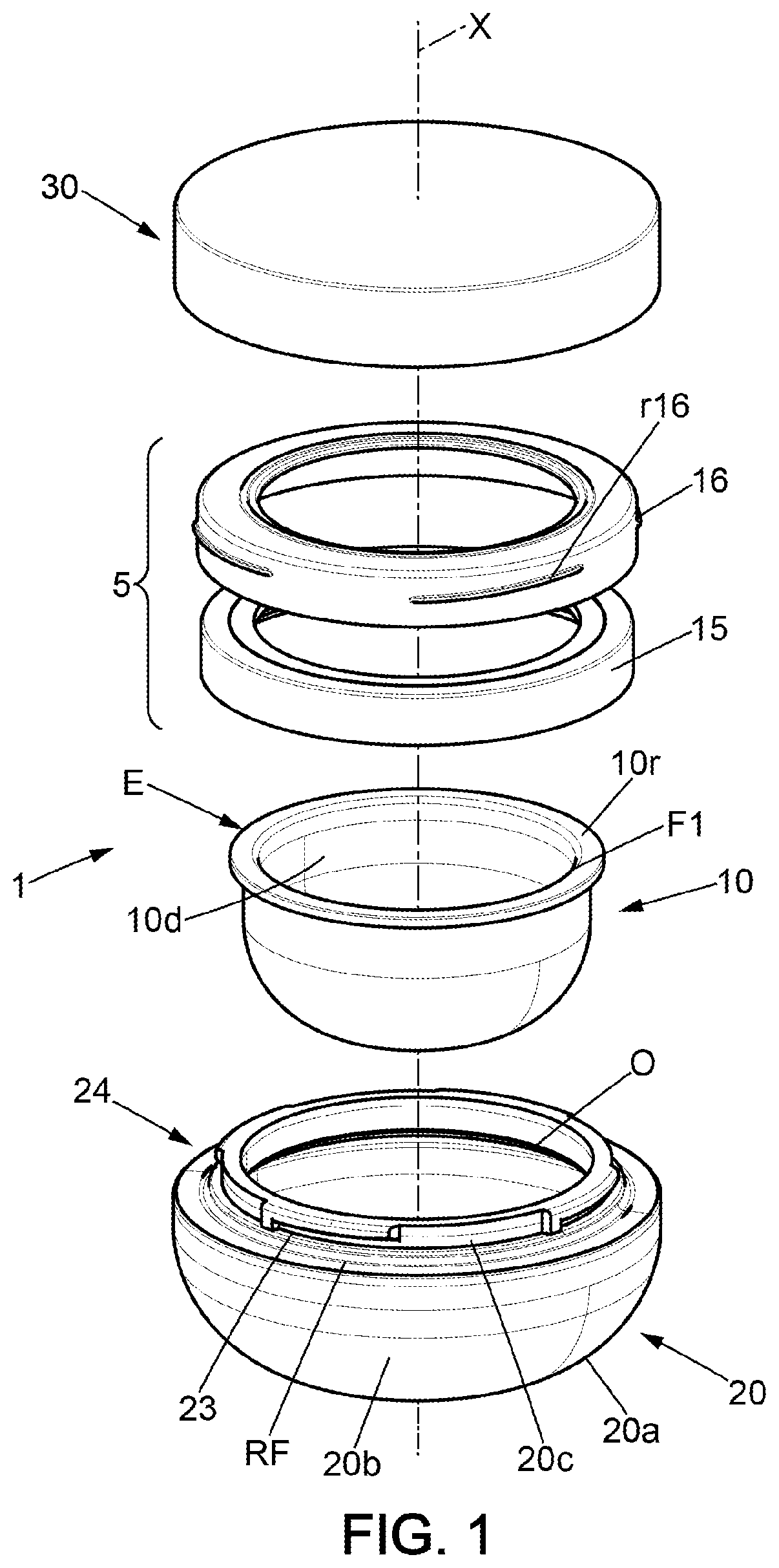 Patent US12492057 — Receptacle with internal container suspended in an external pot and method of assembling the receptacle by axially pressing the internal container directly against a glass neck of the pot — Figure 1
