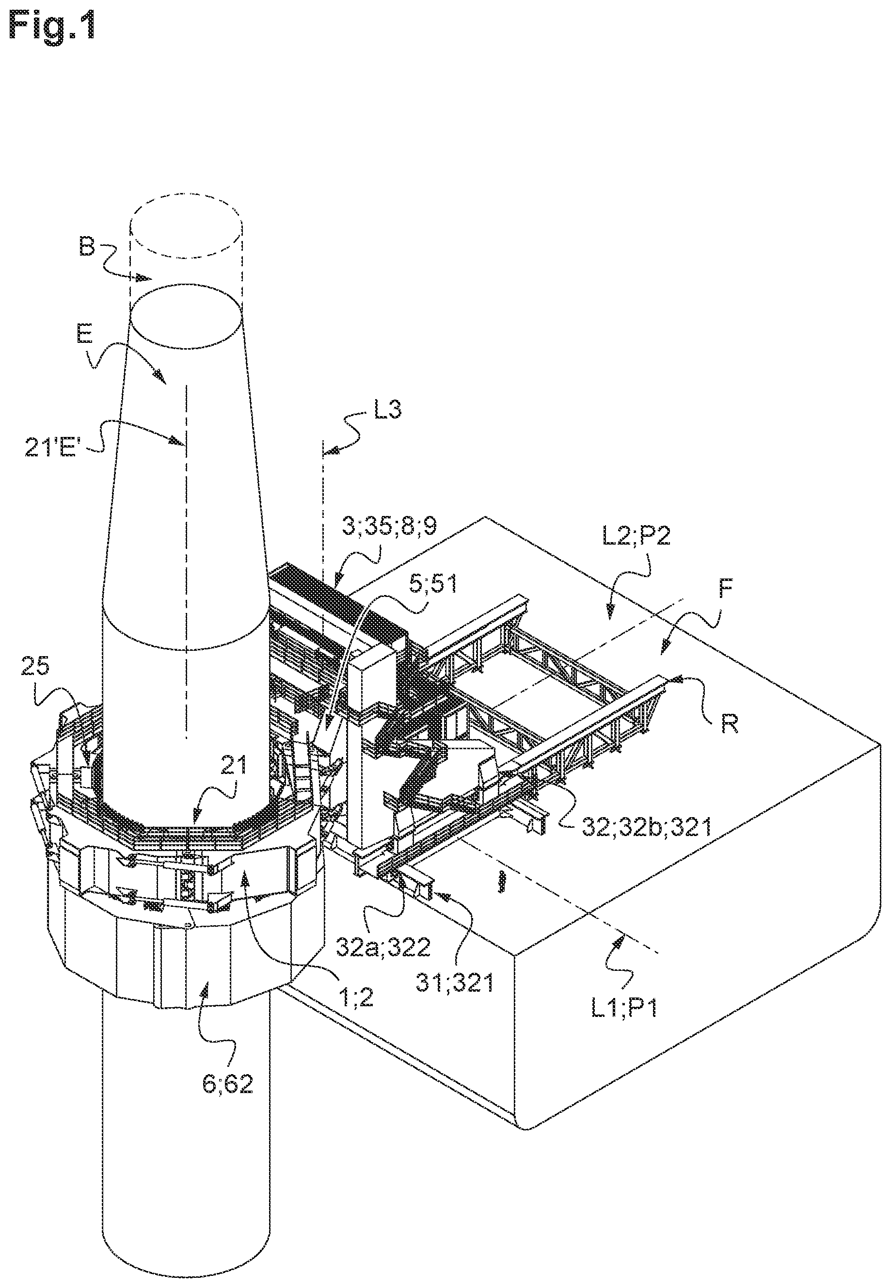 Patent US12492526 — System for temporarily holding, during piling operations, a foundation pile intended to receive the mast of an off-shore wind turbine — Figure 1