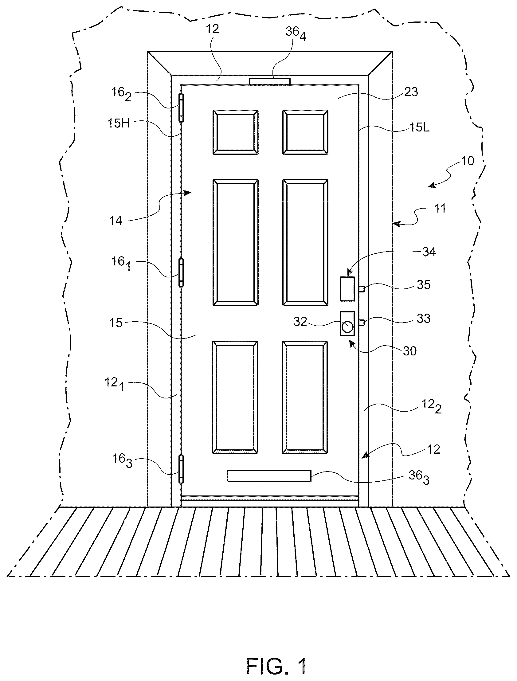 Patent US12492591 Figure 1 – Door system with wire harness routed inside of door and outer door frame for connection with electric devices