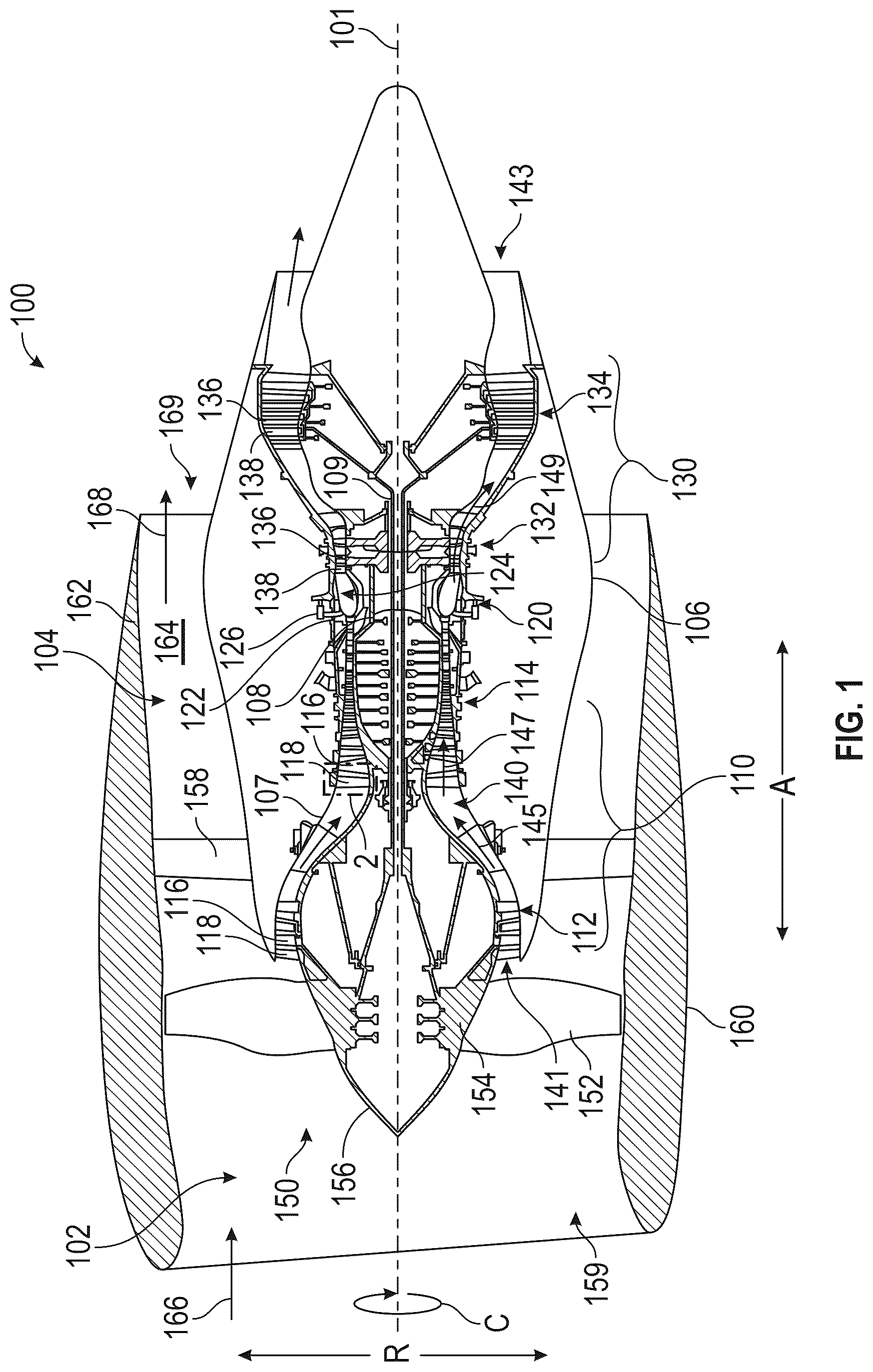 Patent US12492640 Figure 1 – Turbine engine including a vane support and a vane