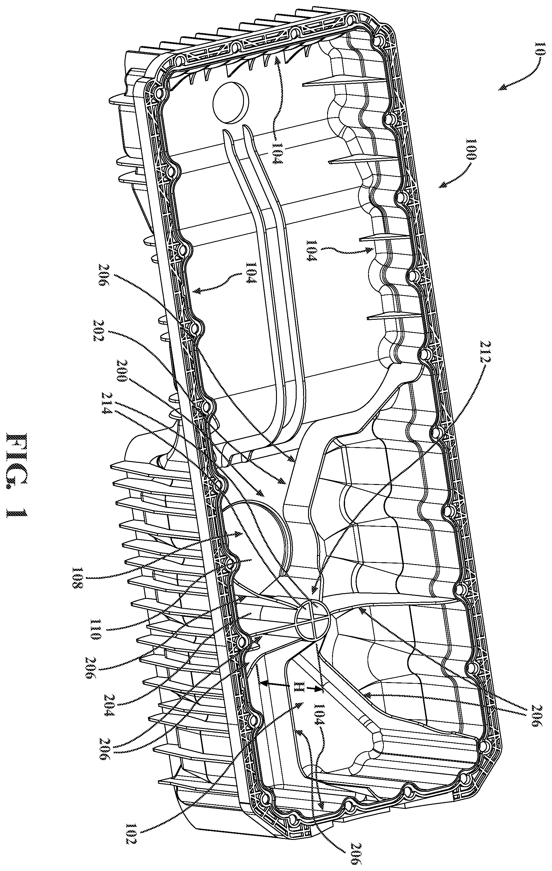 Patent US12492651 Figure 1 – Non-metallic lubricant pan for a vehicle including a structural reinforcement member